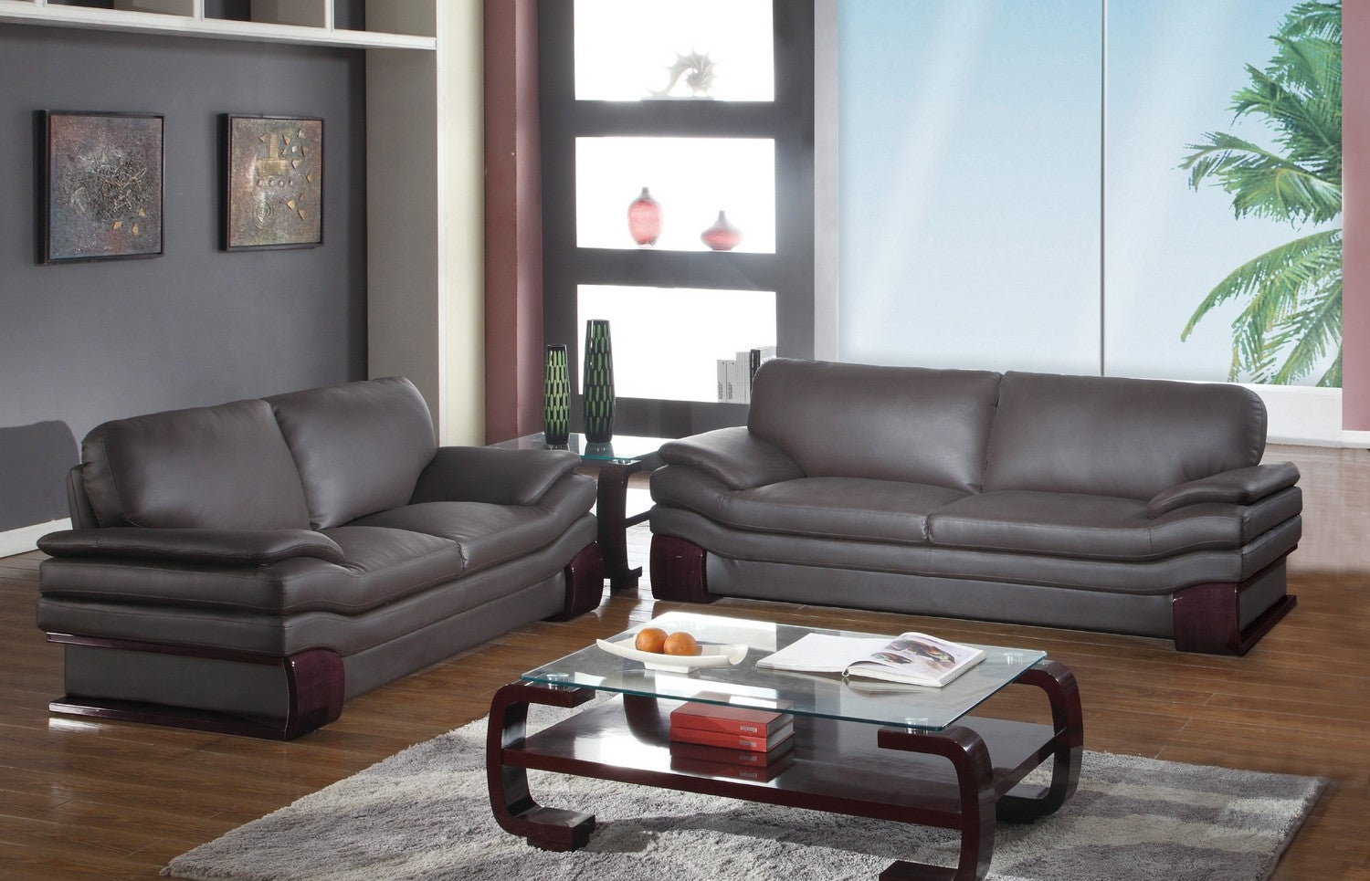 70 X 35  X 35 Modern Brown Leather Sofa And Loveseat