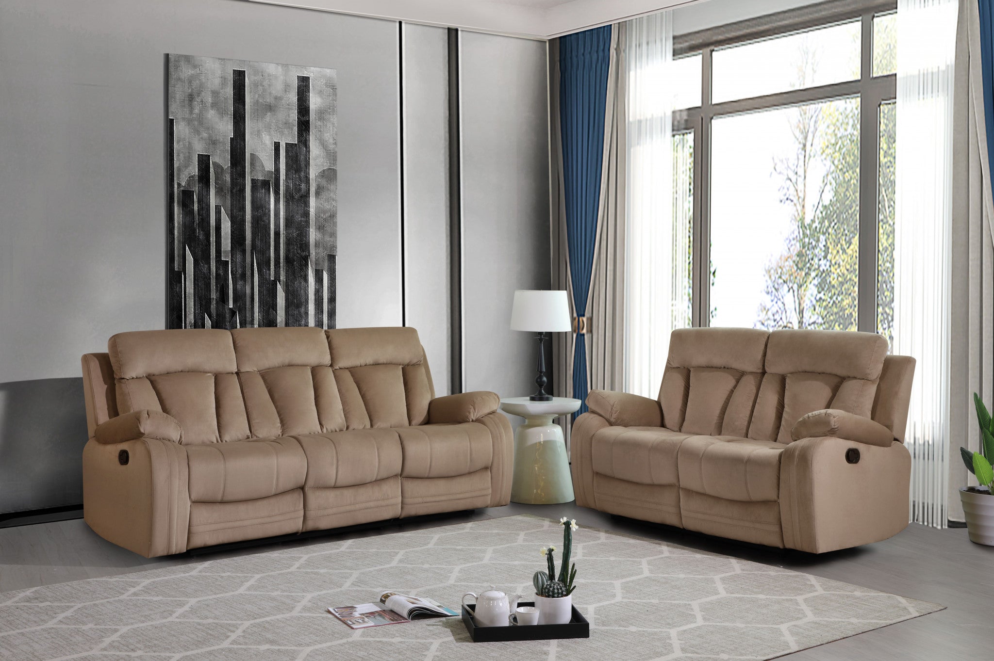 63'' X 38''  X 40'' Modern Beige Leather Sofa And Loveseat