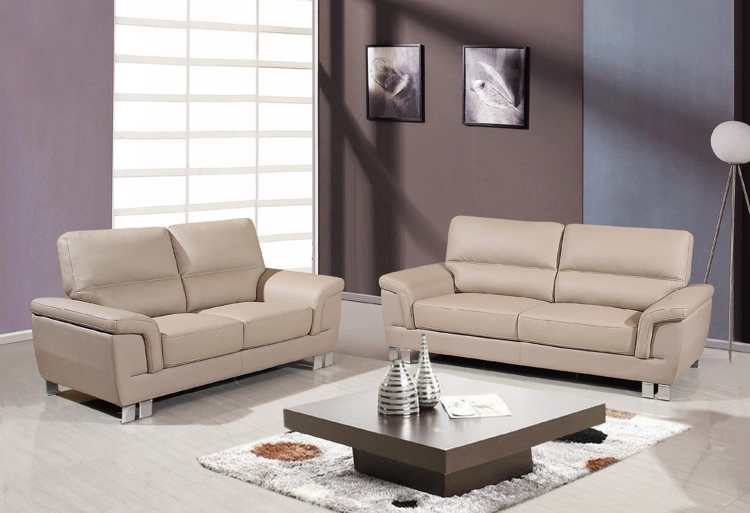 64'' X 36''  X 37'' Modern Beige Leather Sofa And Loveseat