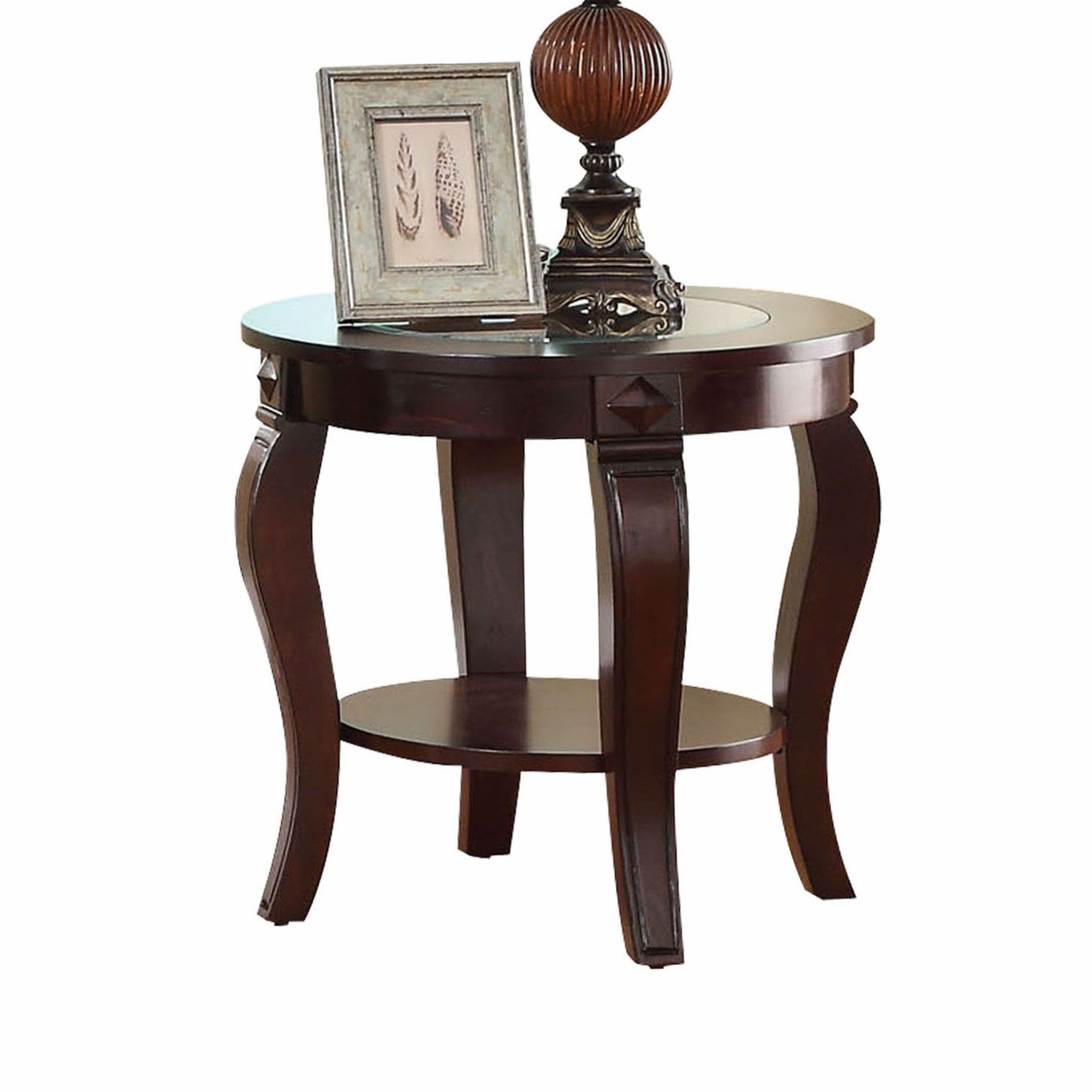 Glass Top Walnut Wooden Curved Leg End Table