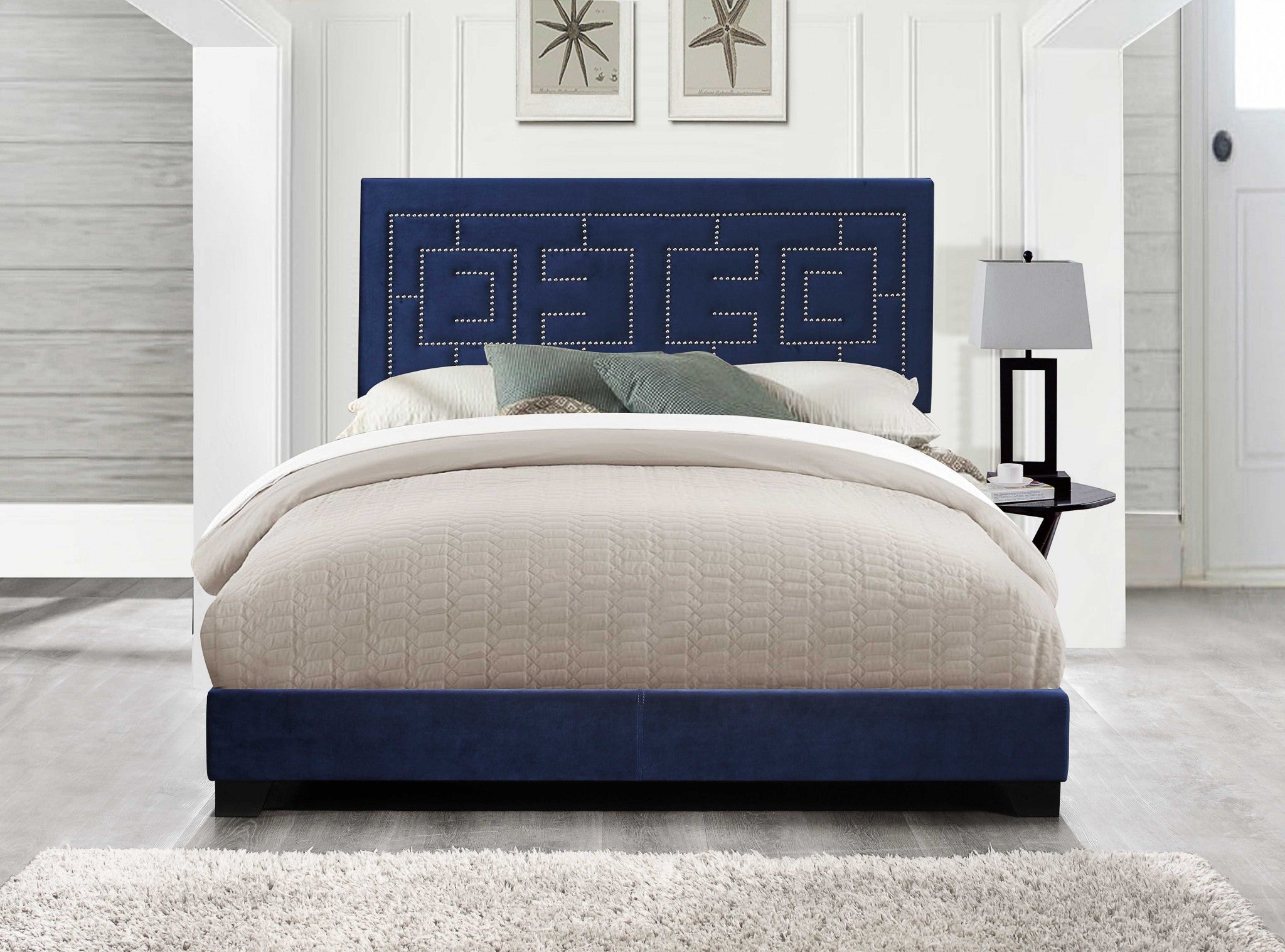 80' X 86' X 50' Dark Blue Velvet Upholstered Bed Wood Leg Eastern King Bed