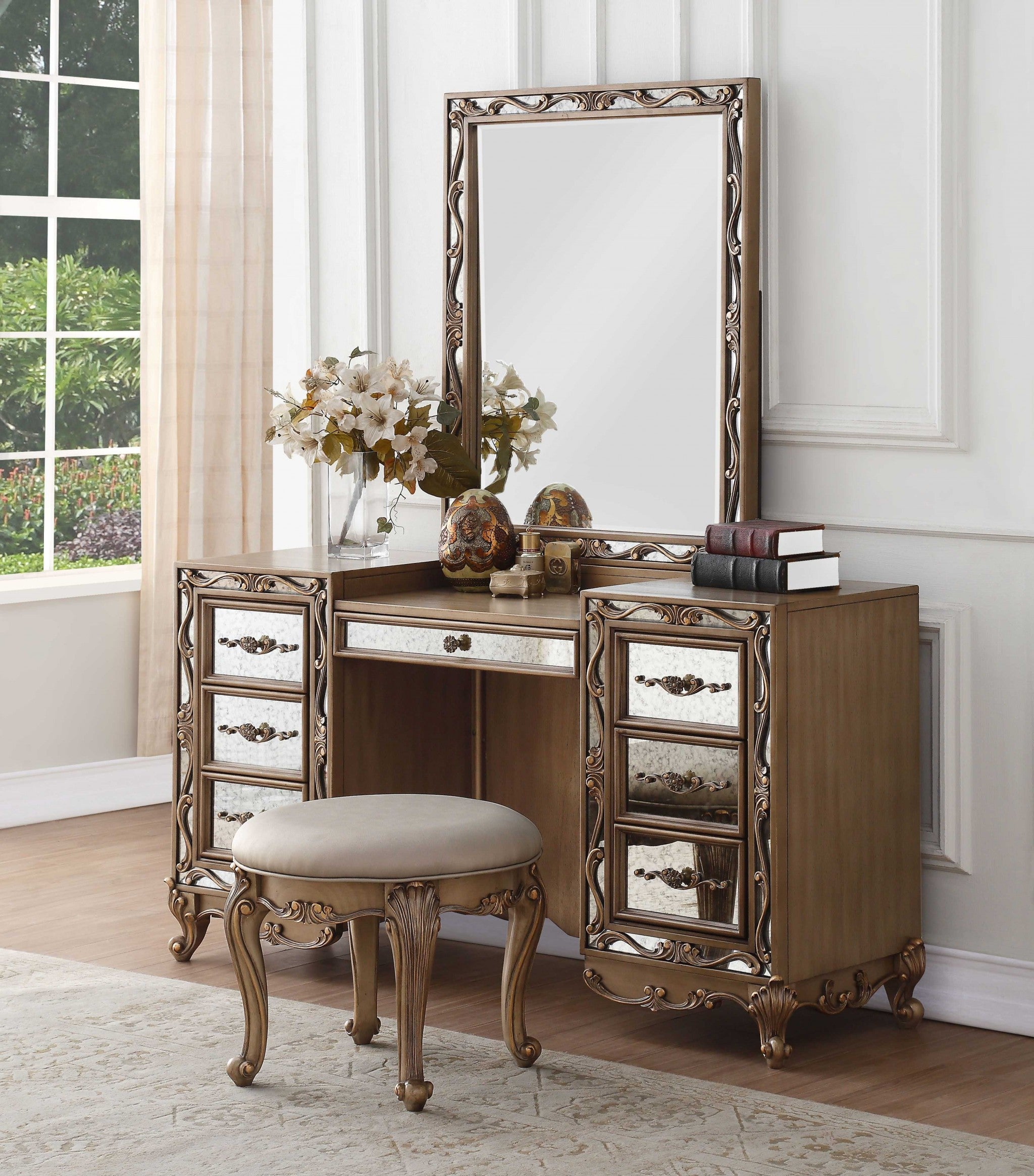 18' X 58' X 32' Antique Gold Wood Mirror Vanity Desk