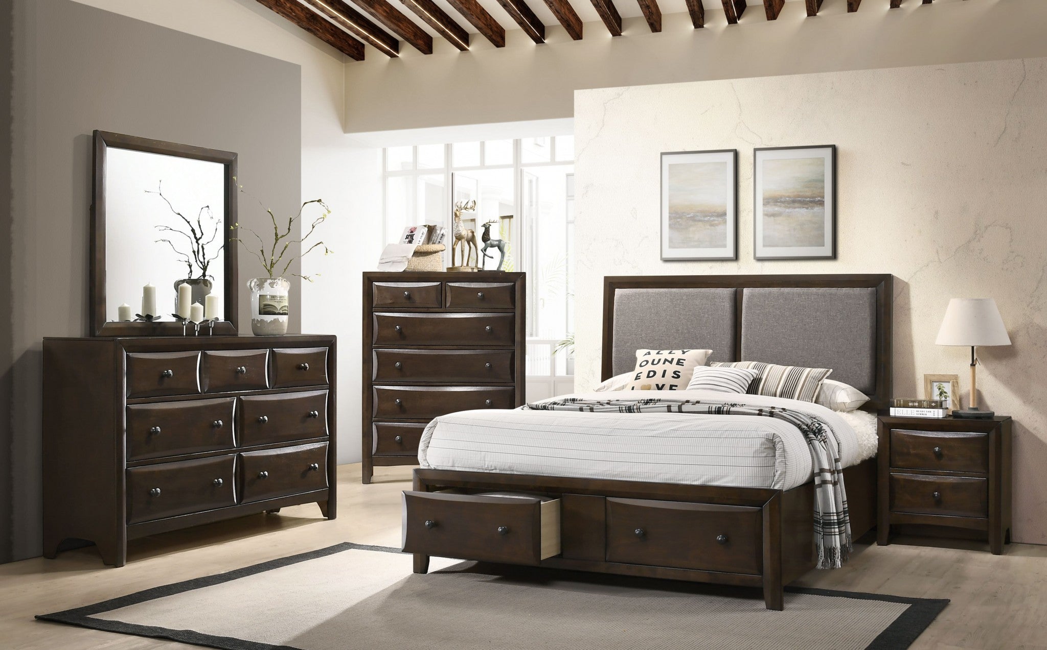 80' X 83' X 54' Fabric Walnut Wood Upholstered HB King Bed