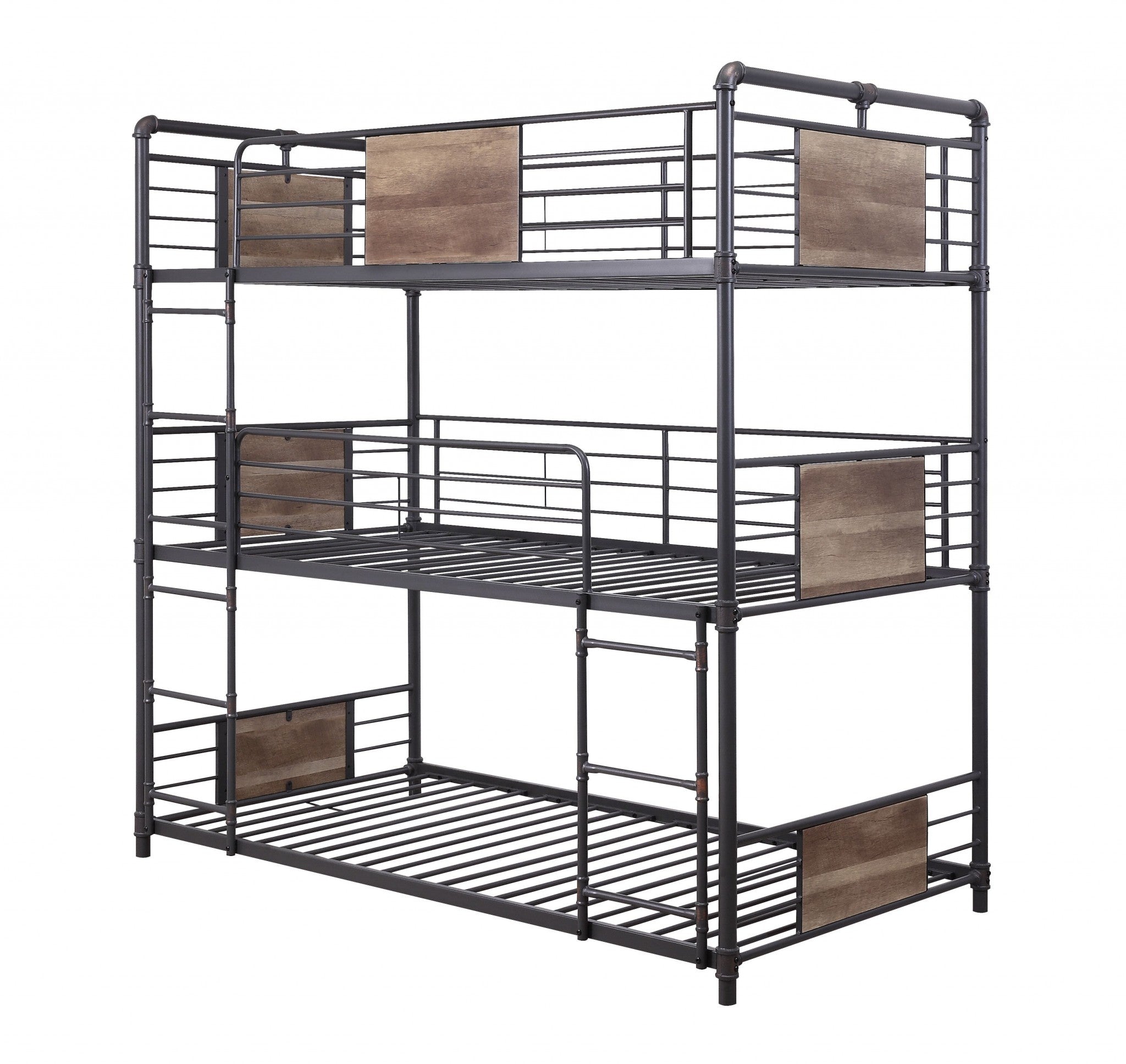 43' X 79' X 79' Sandy Black Dark Bronze HandBrushed Metal Wood Triple Bunk Bed  Twin