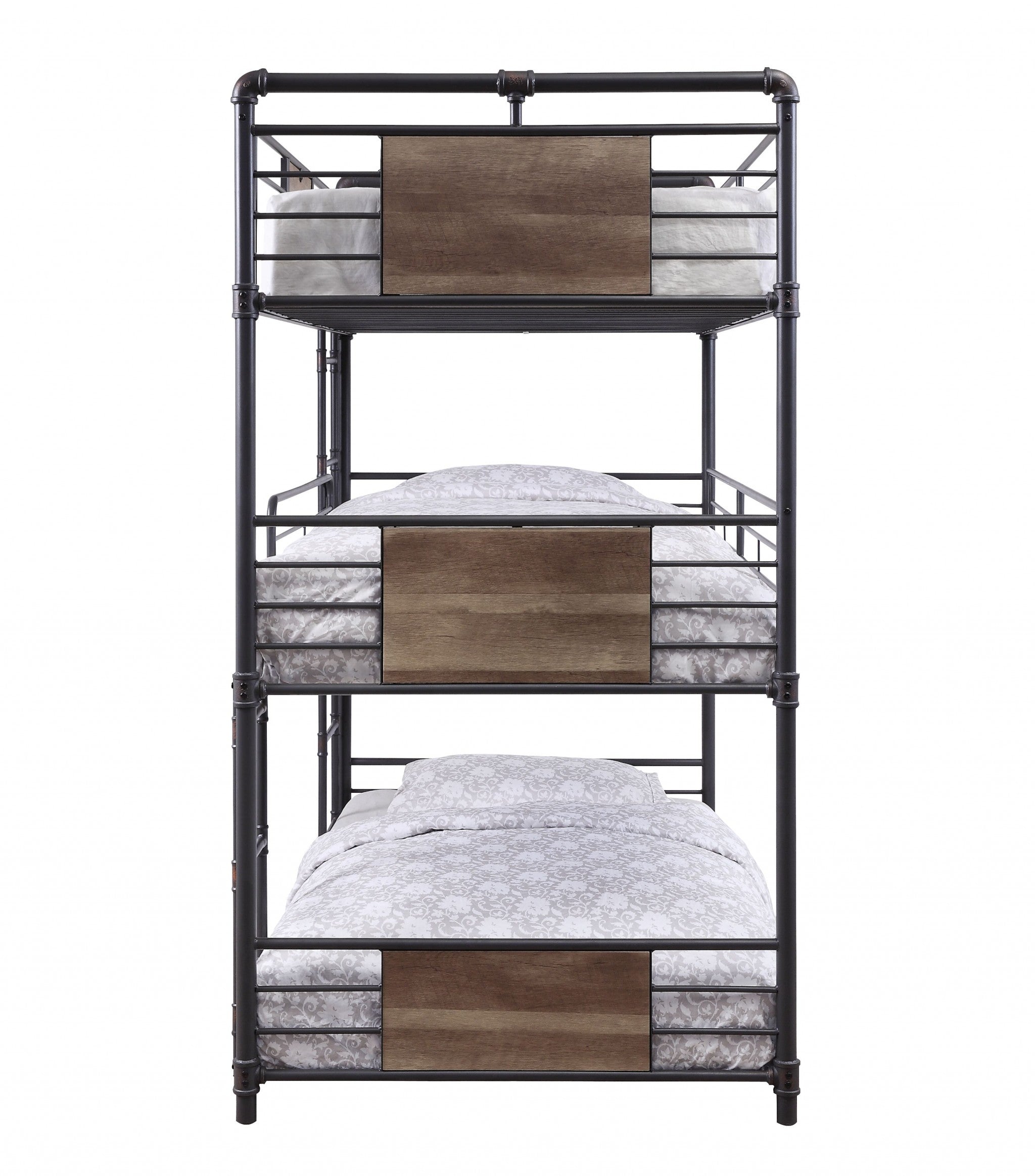 43' X 79' X 79' Sandy Black Dark Bronze HandBrushed Metal Wood Triple Bunk Bed  Twin