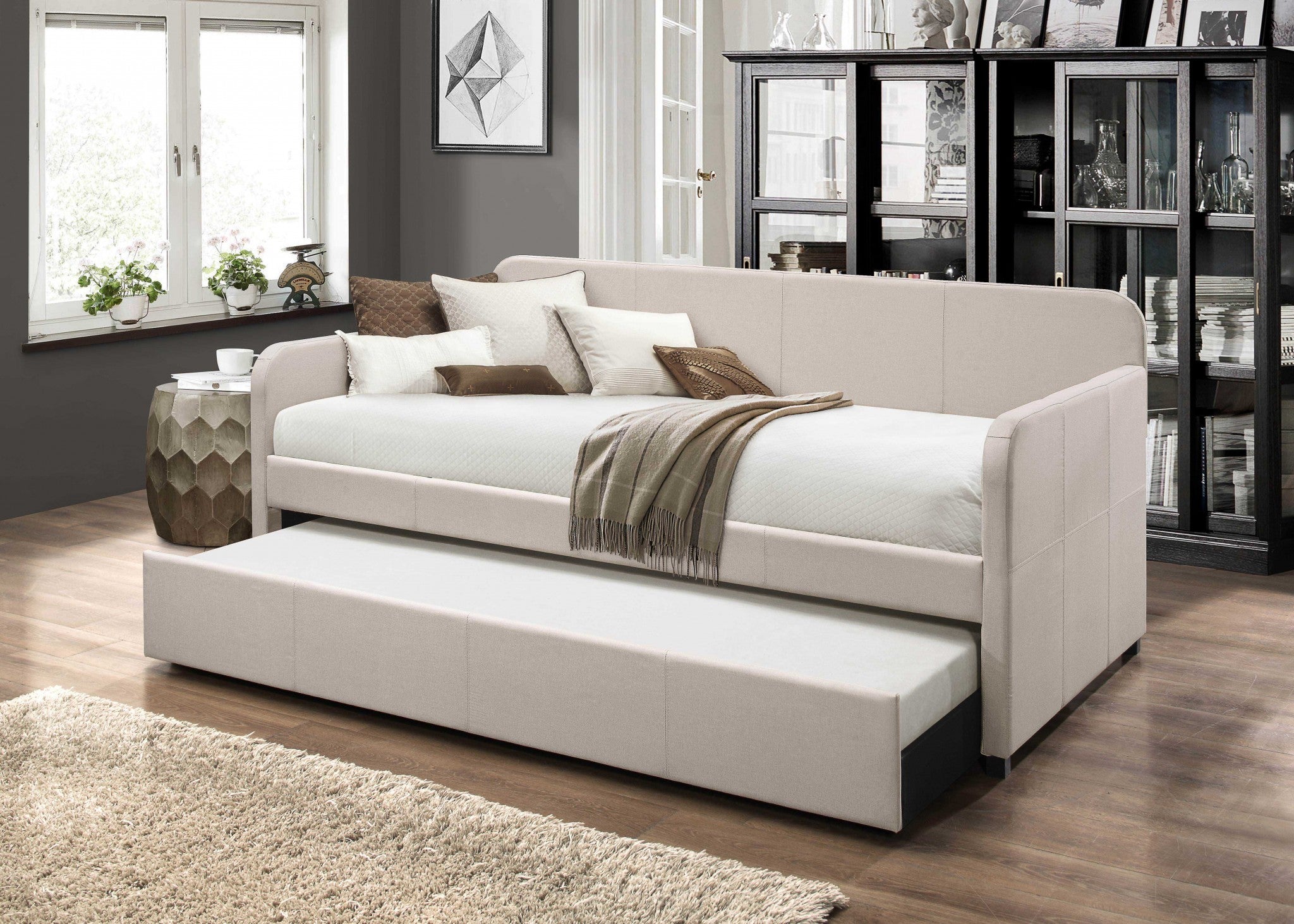 43' X 82' X 37' Fabric Upholstered (Bed) Wood Leg Daybed  Trundle (Twin Size)