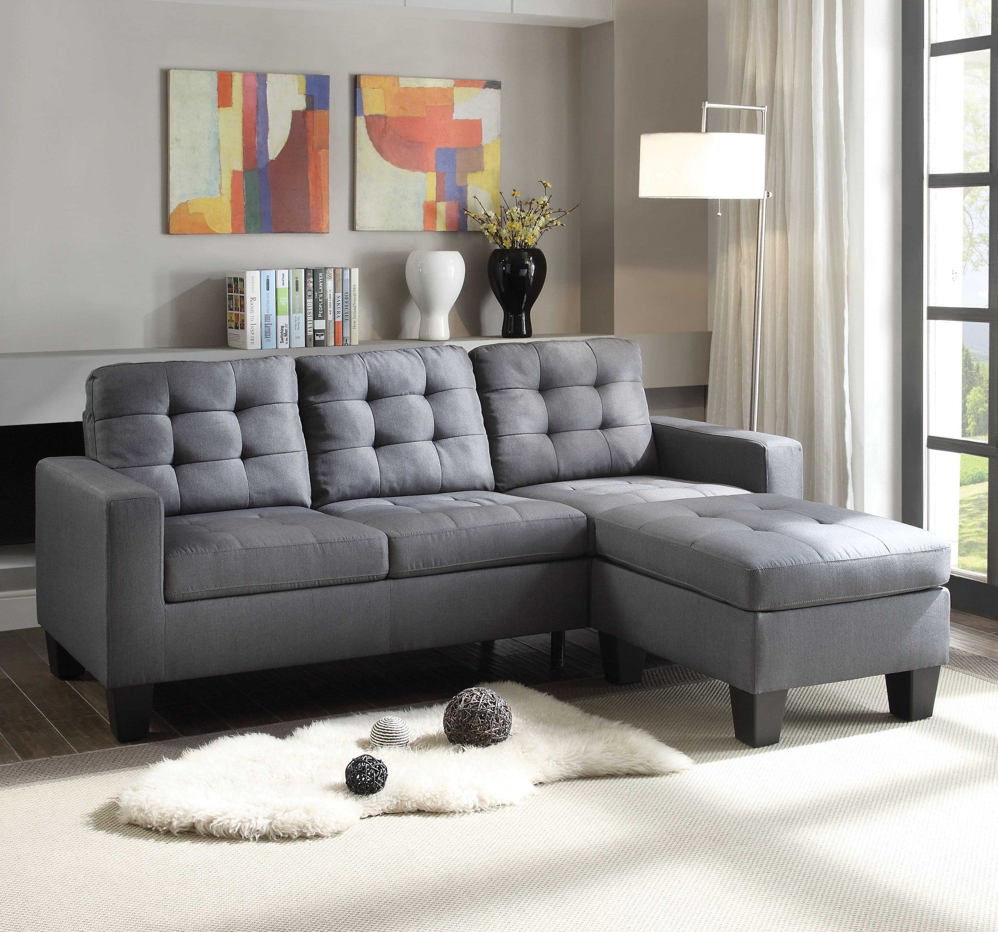 32' X 81' X 35' Gray Linen Upholstery Sectional Sofa