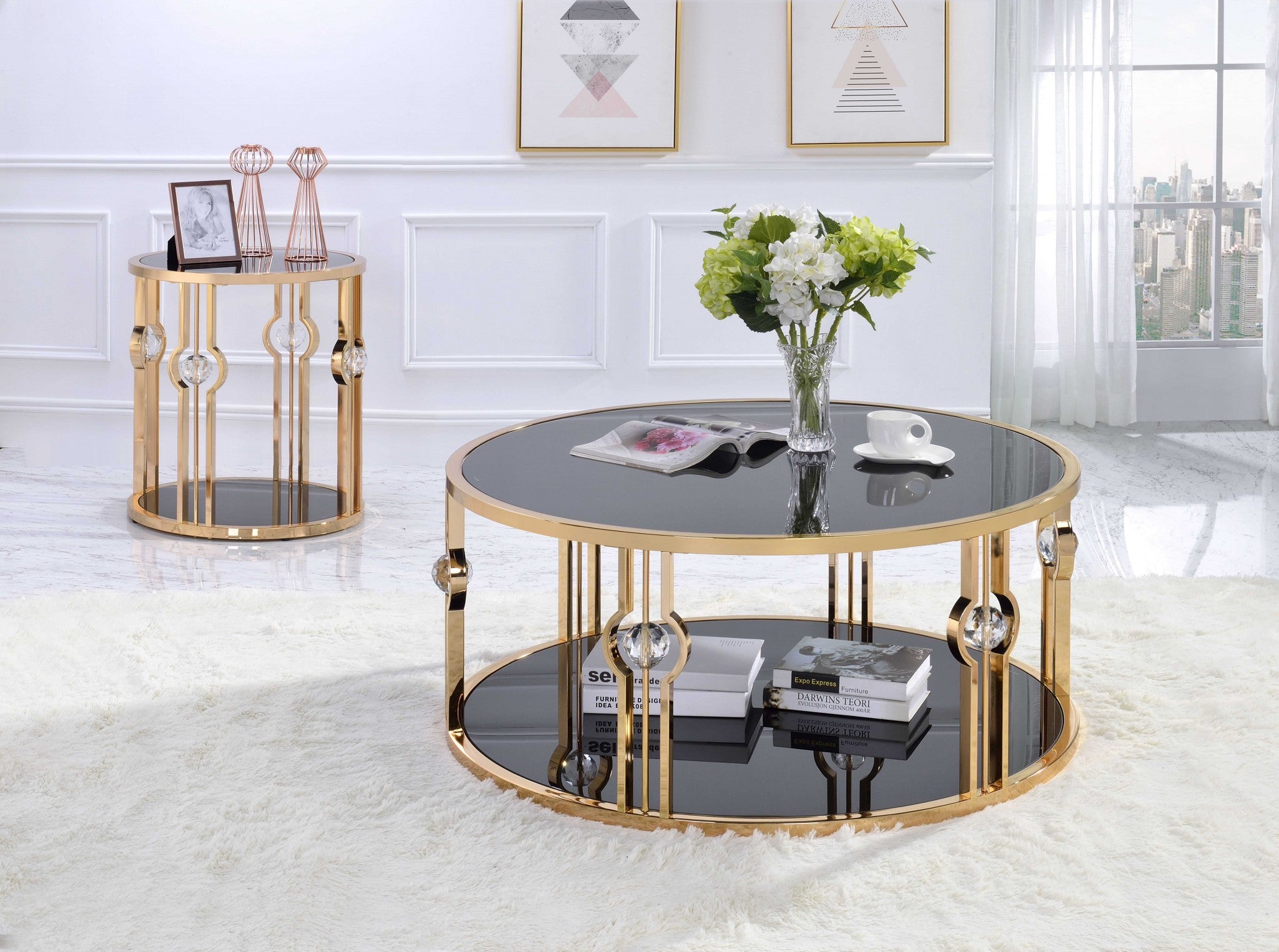 40' X 40' X 18' Metal Glass Coffee Table and Gold  Black Glass