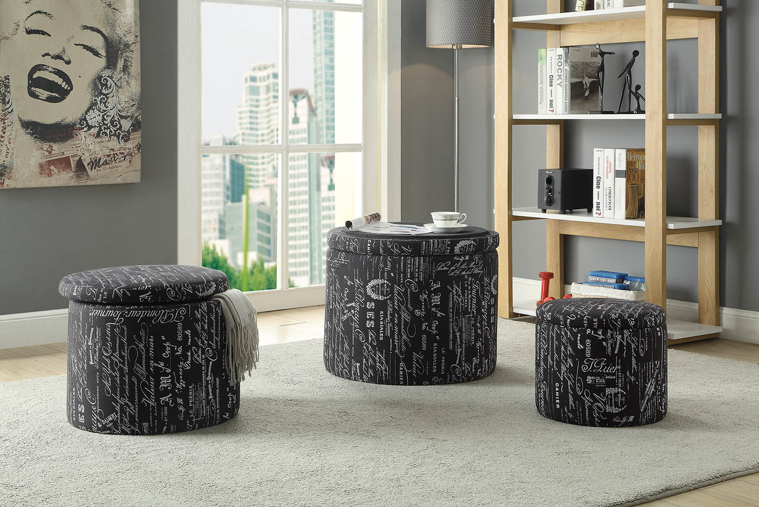 22' X 22' X 18' Pattern Fabric Upholstery 3Pc Pk Ottomans wStorage