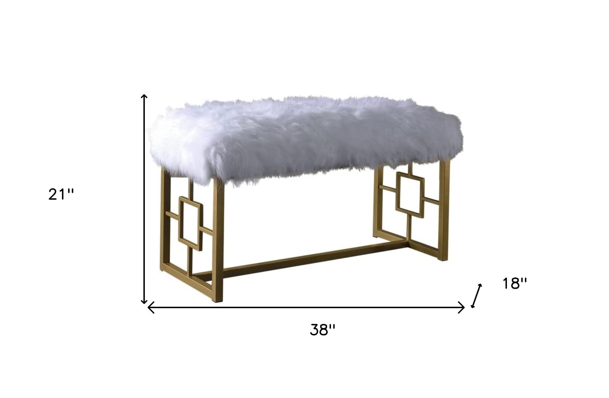 18' X 38' X 21' White Faux Fur Gold Metal Upholstered (Seat) Bench