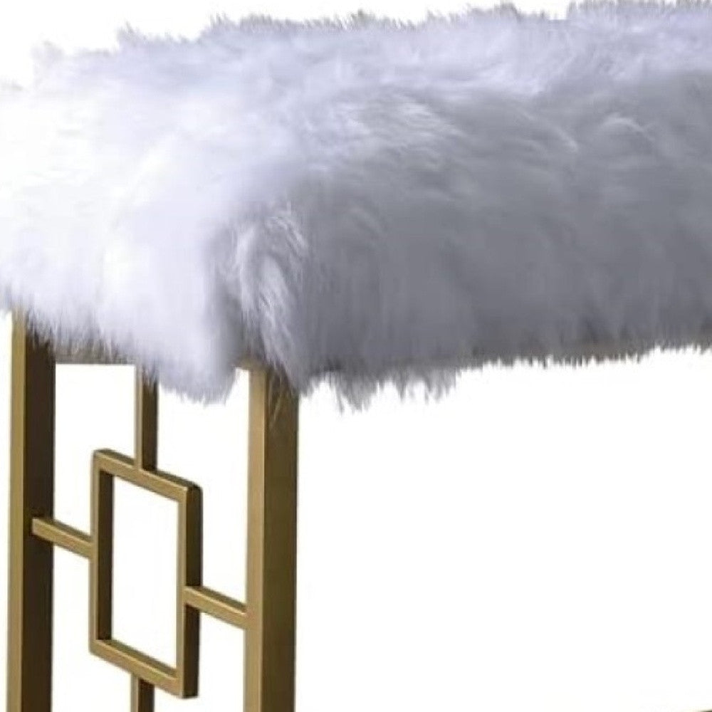 18' X 38' X 21' White Faux Fur Gold Metal Upholstered (Seat) Bench