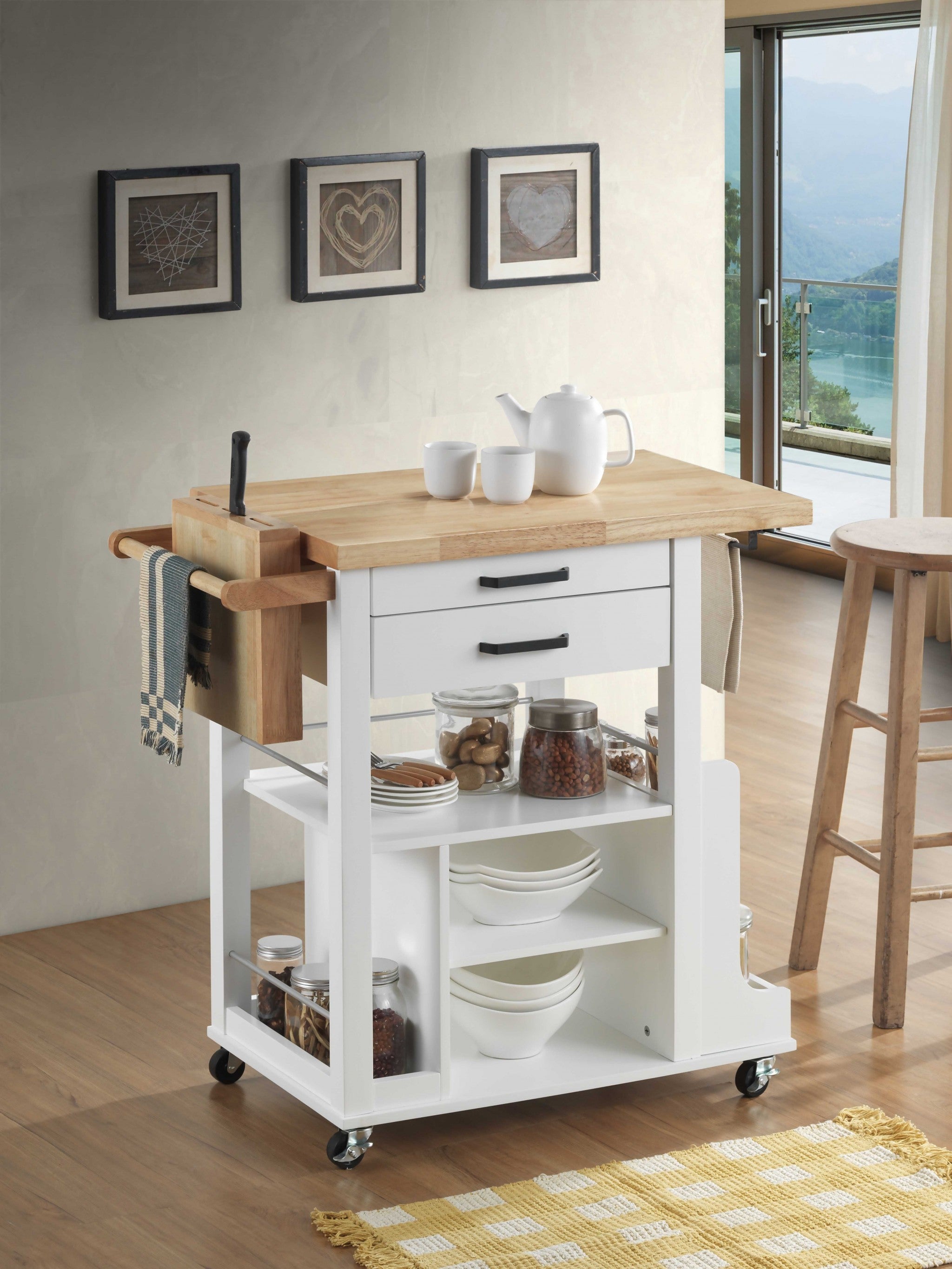 19' X 35' X 35' Natural White Wood Casters Kitchen Cart