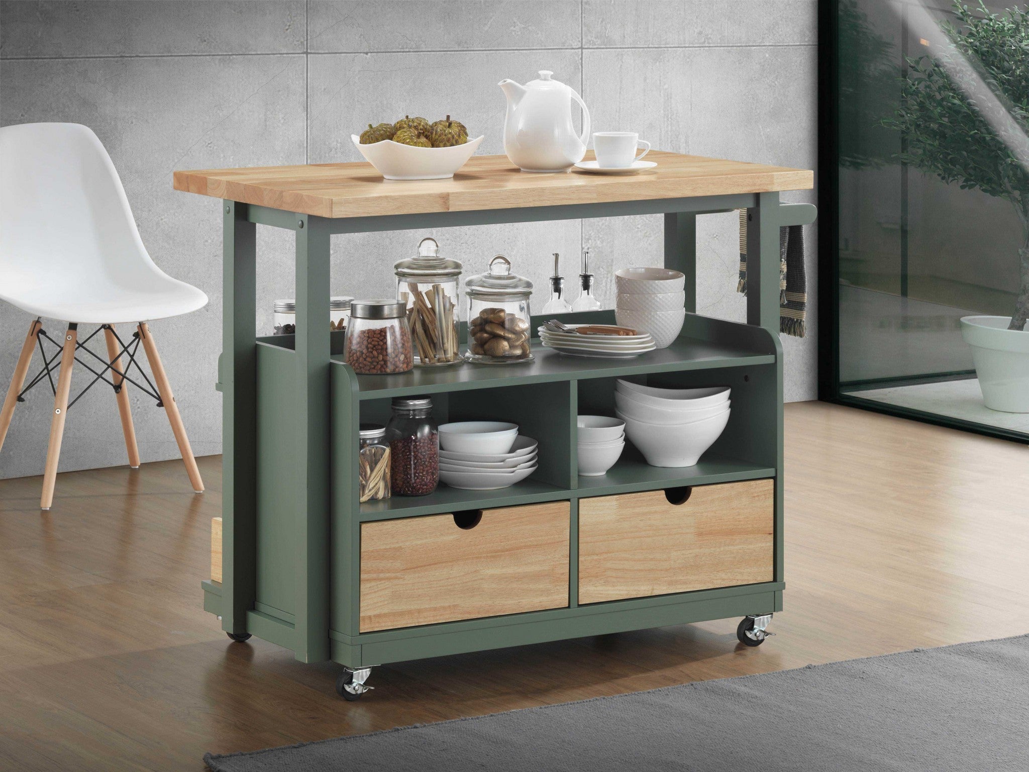 24' X 43' X 35' Natural Green Wood Casters Kitchen Cart