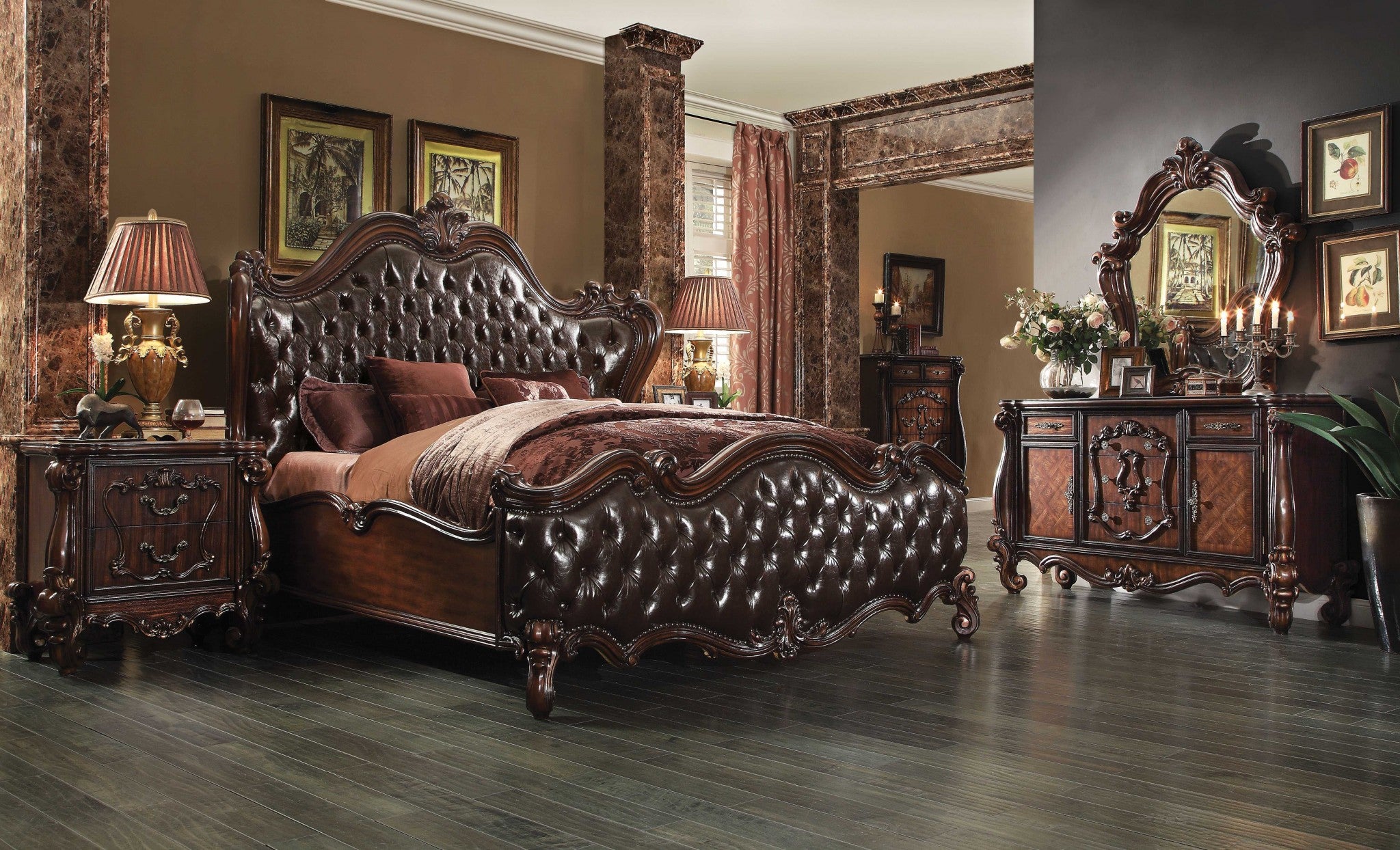 88' X 101' X 76' 2-Tone Dark Brown PU Cherry Oak Wood Poly Resin Upholstery California King Bed