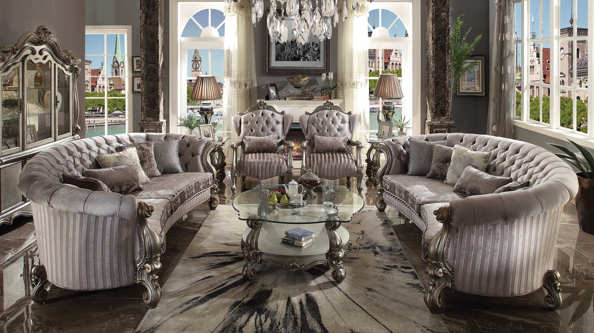 55' X 109' X 39' Velvet Antique Platinum Upholstery Poly Resin Sofa w5 Pillows