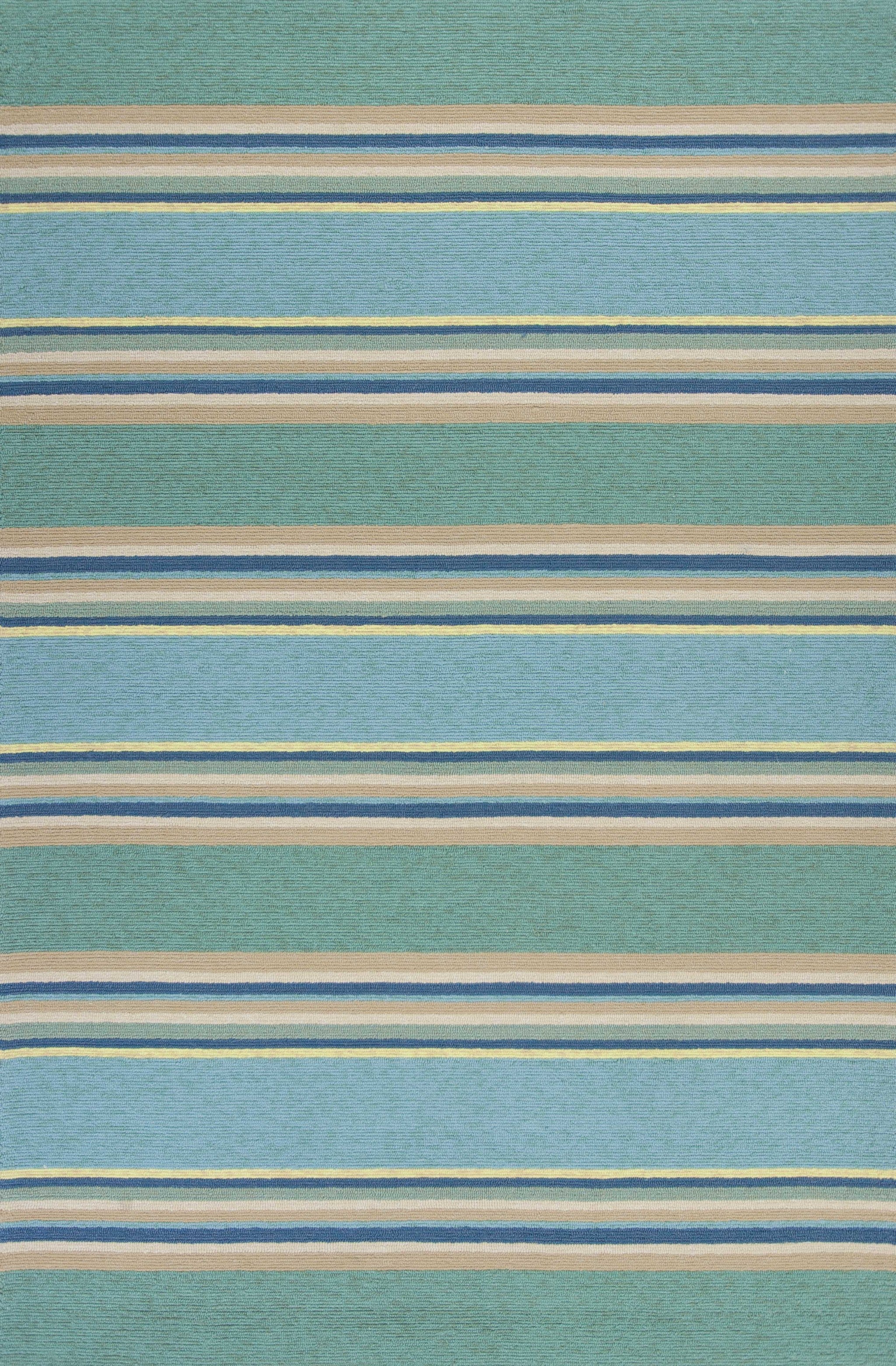 8'x10' Ocean Blue Hand Hooked UV Treated Awning Stripes Indoor Outdoor Area Rug