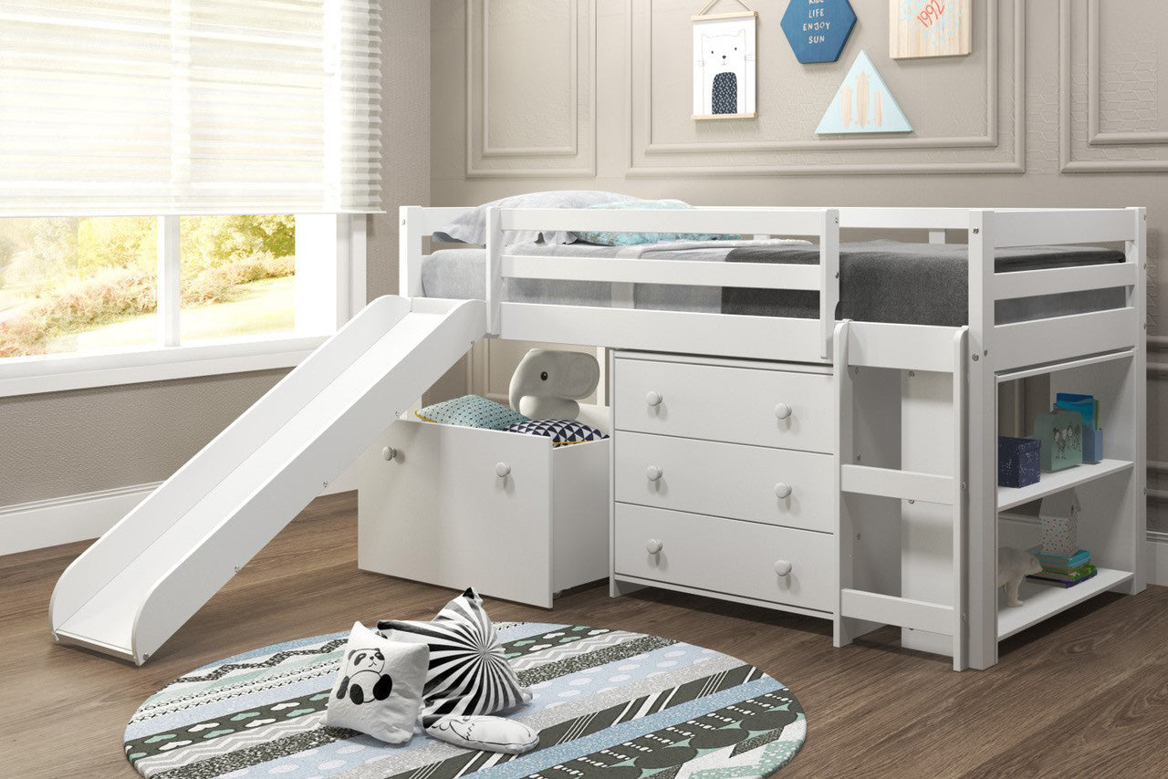 White Mini Loft with Dresser Toy Box and Slide