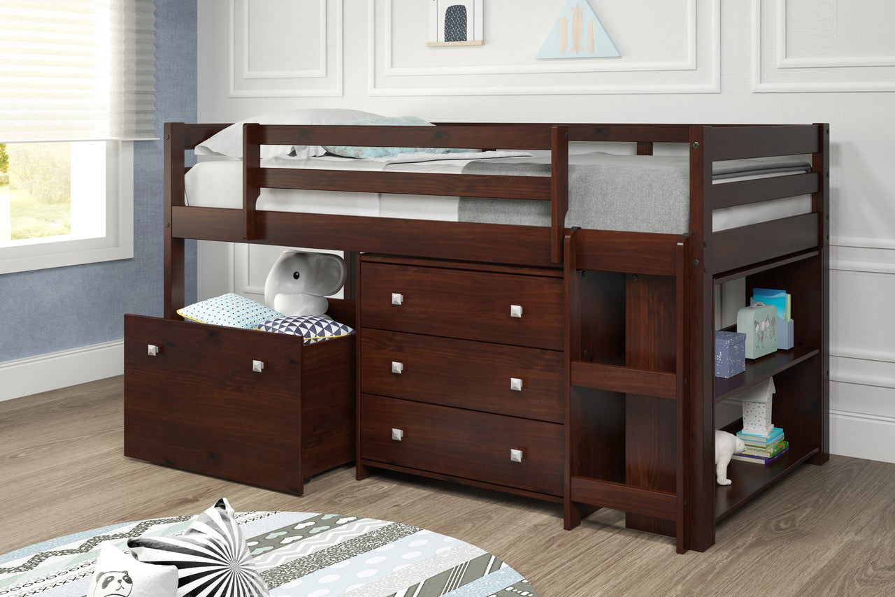 Brown Mini Loft Bed with Dresser and Toy Box