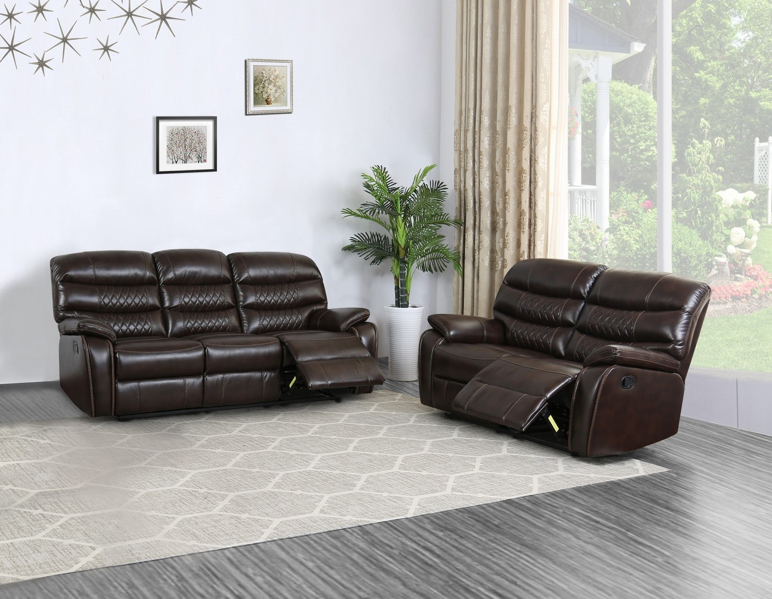 Two Piece Dark Brown Faux Leather Reclining Sofa Set