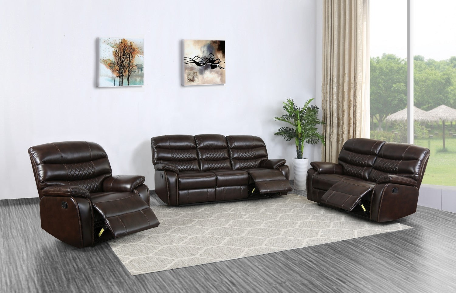 Three Piece Dark Brown Faux Leather Reclining Sofa Set