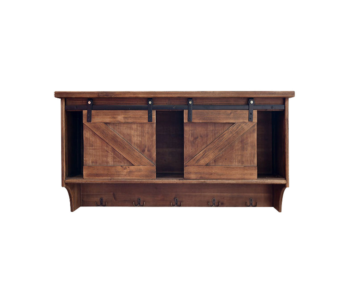 Rustic Wooden Shelf with Barn Door Storage and Hooks