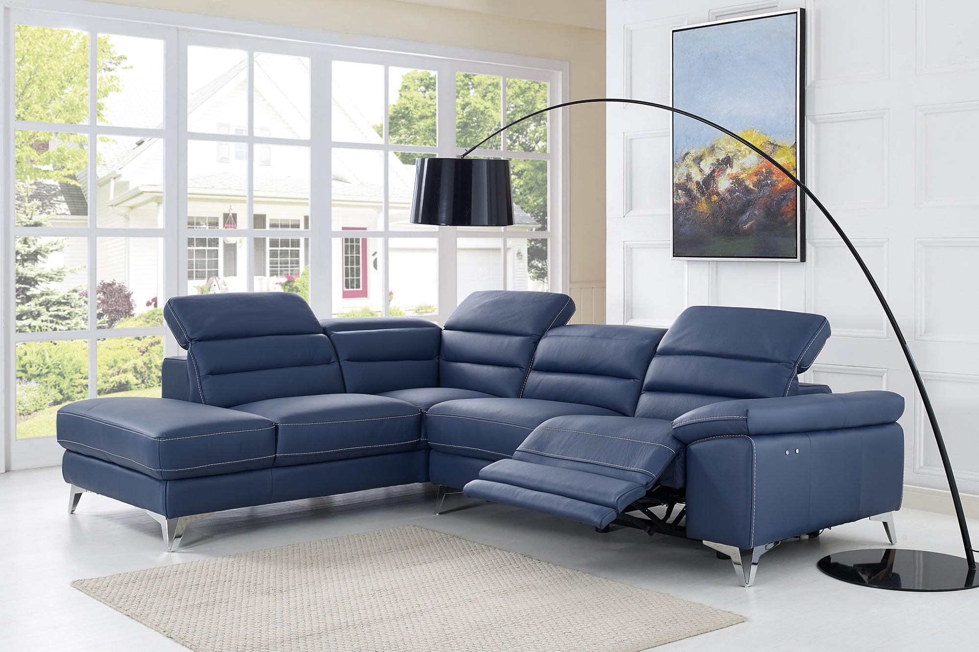 109 X 88 X 31 X 40 Navy Blue Leather Sectional