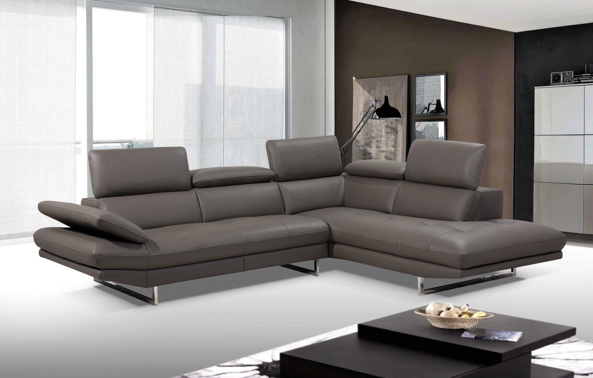 110 X 88 X 29 X 37 Dark Gray Leather Sectional and Chaise