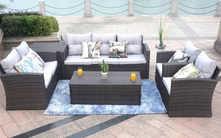 118.56" X 31.59" X 14.82" Brown 6-Piece Patio Conversation Set with Cushions and Storage Boxs