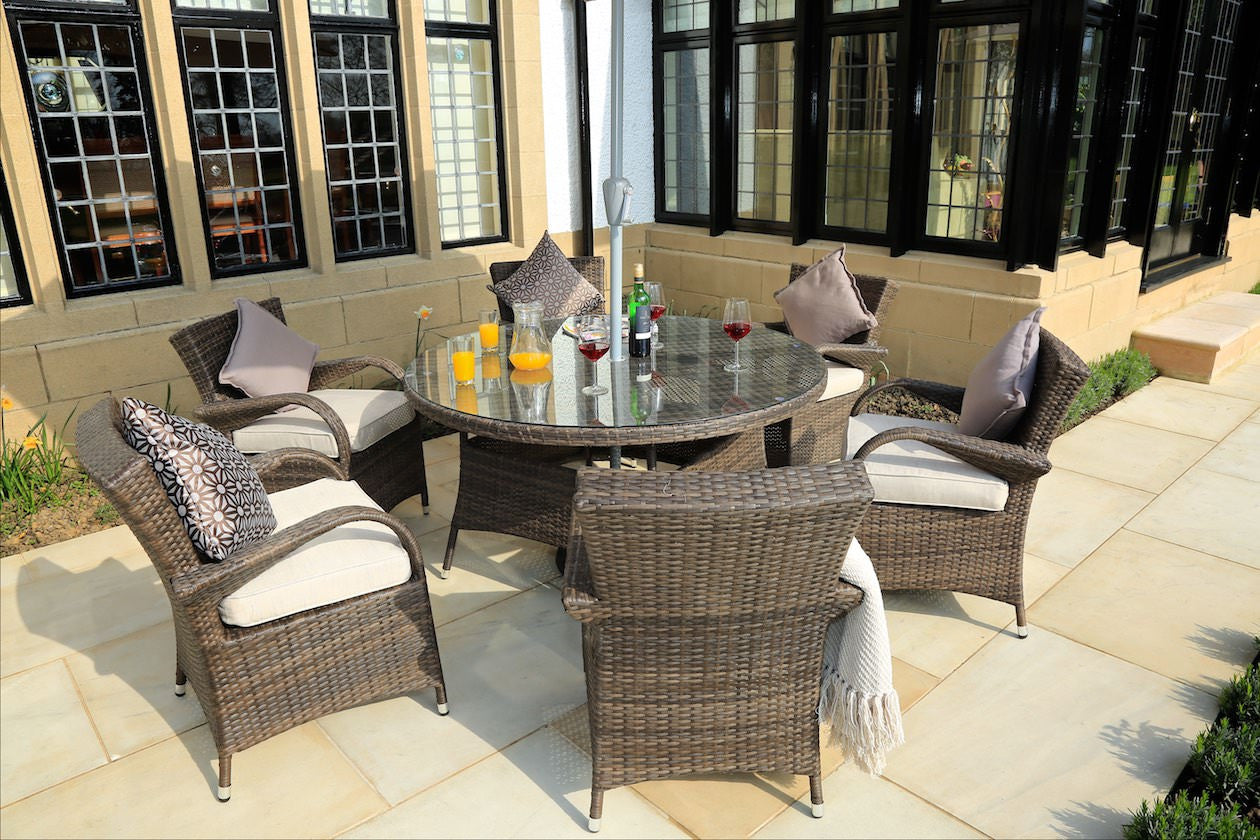 211" X 55" X 32" Brown 7Piece Outdoor Dining Set with Washed Cushion