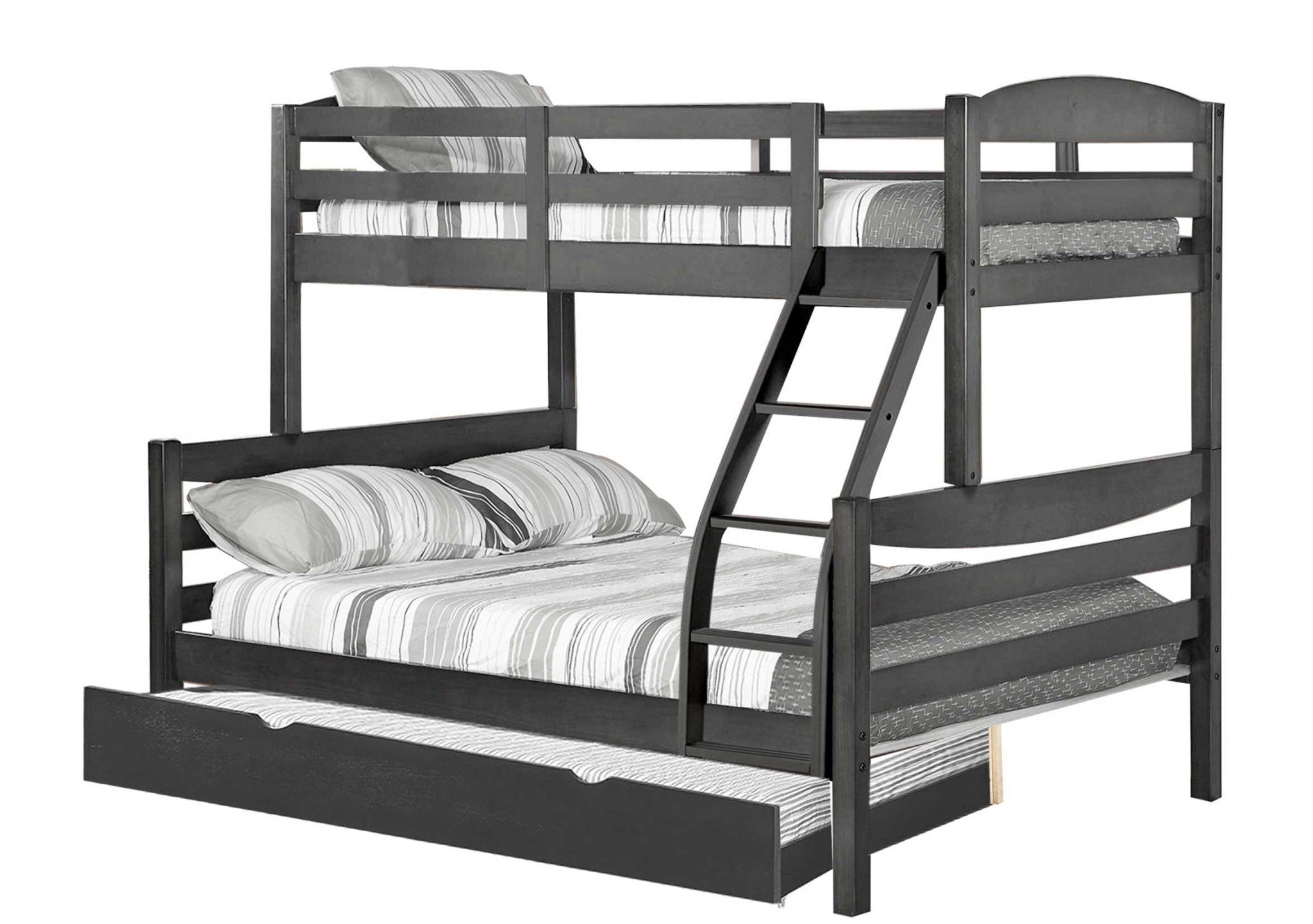 Transitional Grey Finish Twin over Full Bunk Bed with Trundle Box