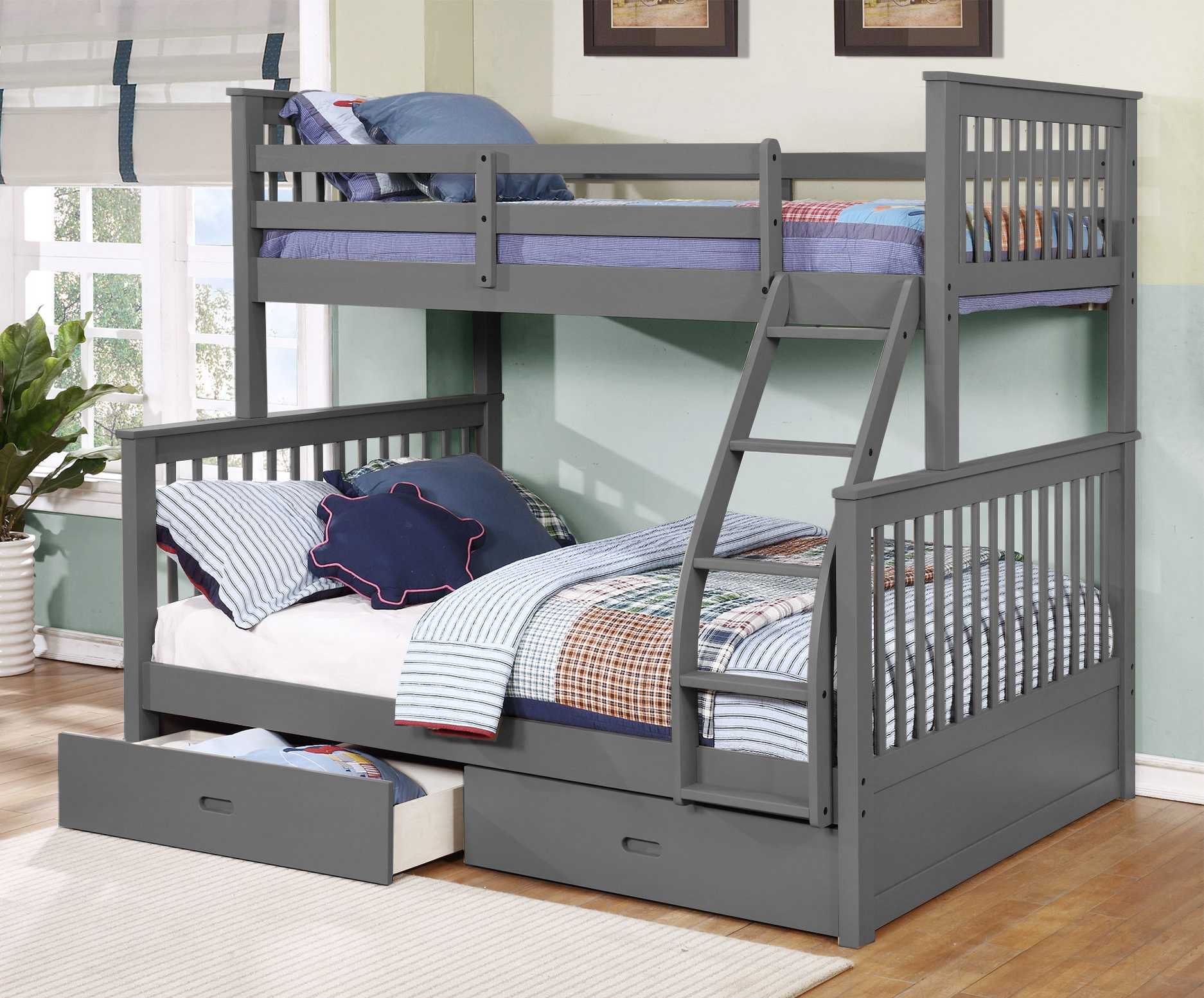 Contemporary Grey Finish Twin over Full Bunk Bed with Storage