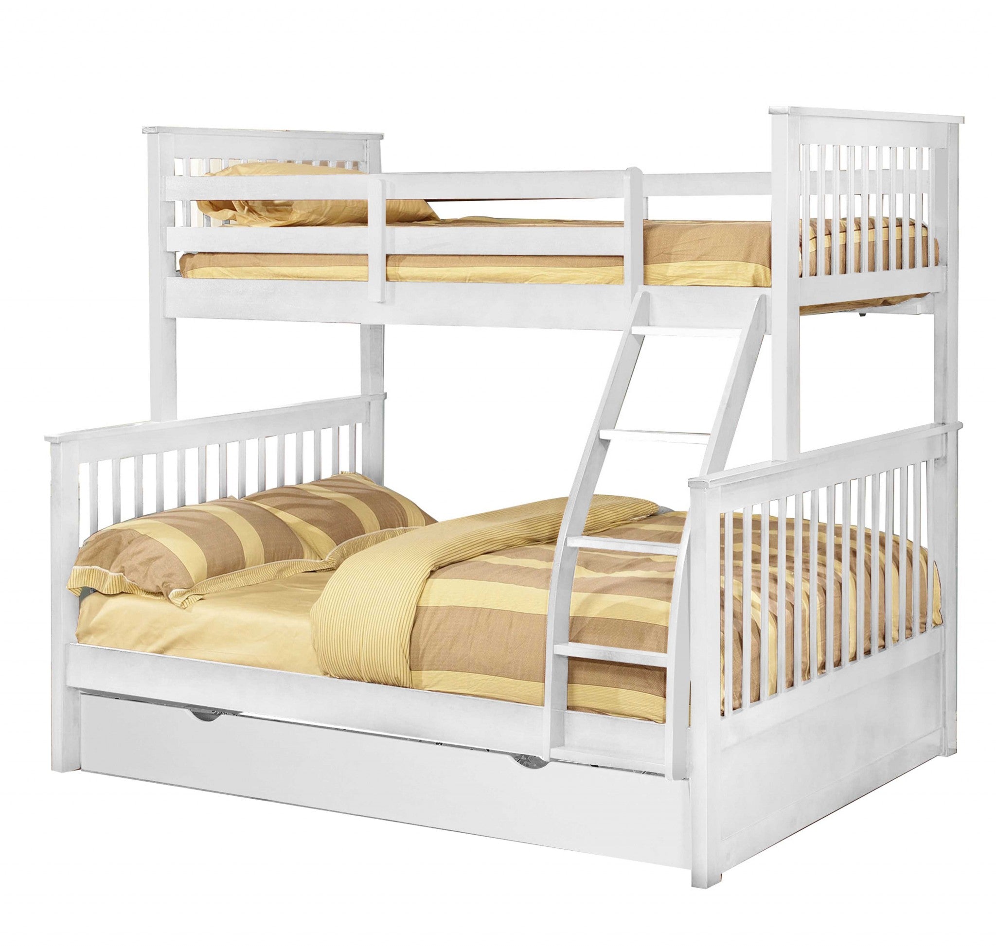 Contemporary White Finish Twin over Full Bunk Bed with Trundle