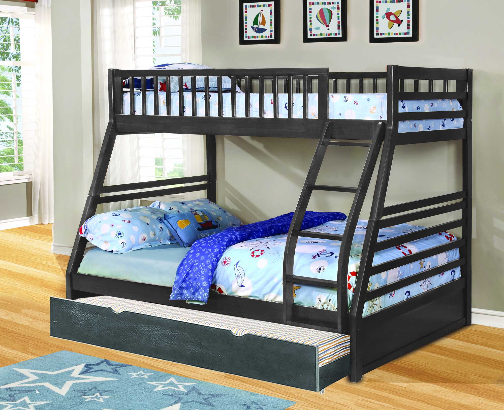 Contemporary  Grey Finish Twin over Full Bunk Bed with Trundle