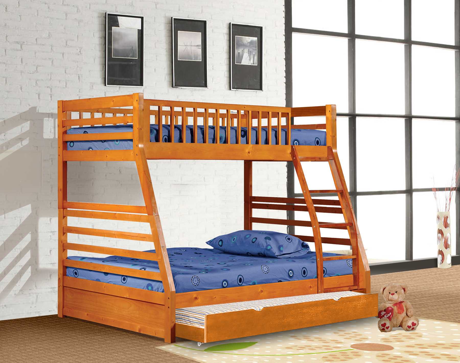 Contemporary Oak Finish Twin over Full Bunk Bed with Trundle