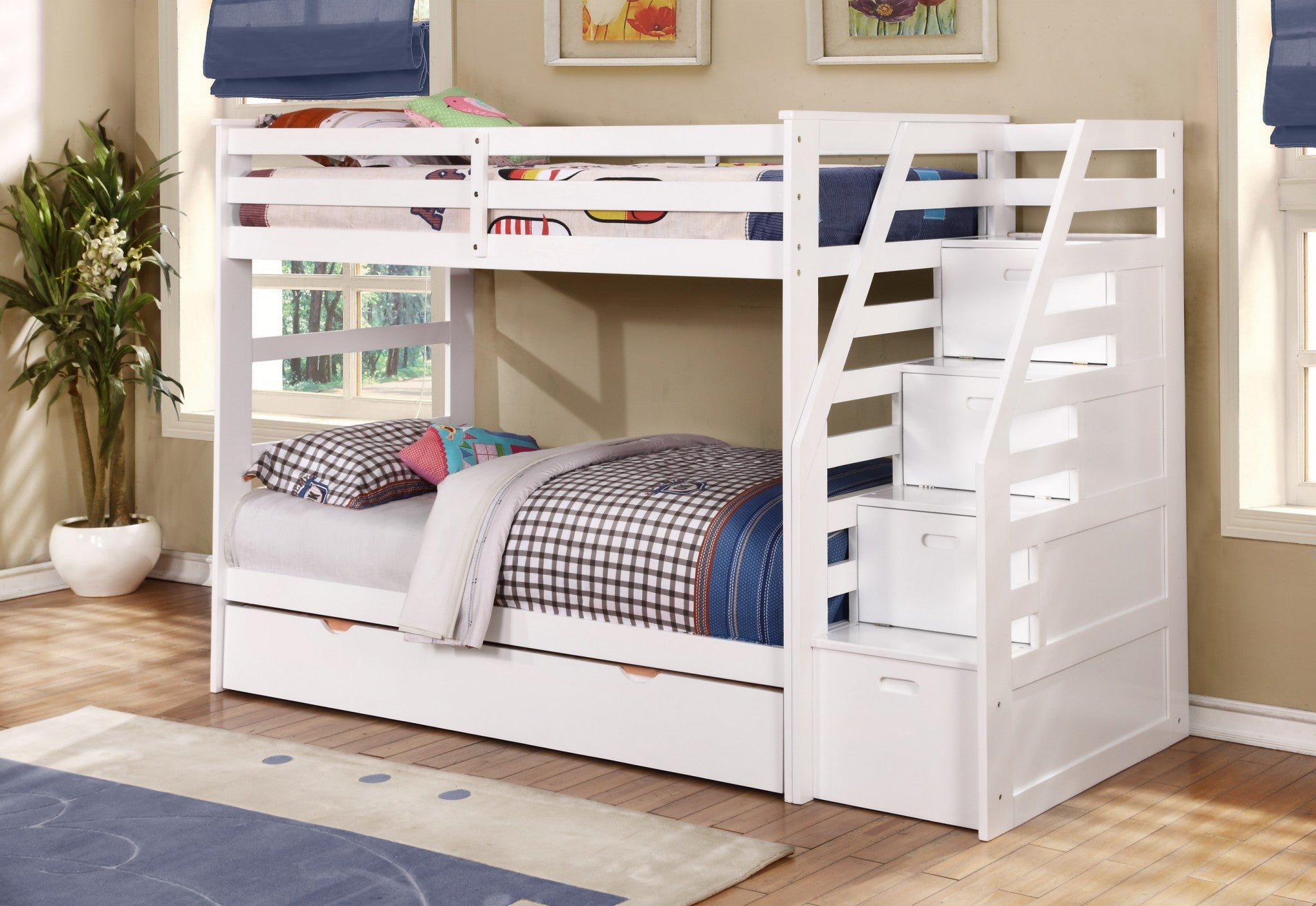 White Finish Twin over Twin Staircase Bunk Bed with Trundle and Storage