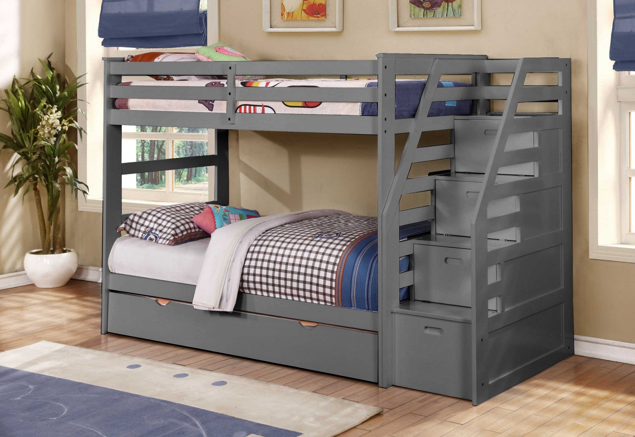 Gray Finish Twin over Twin Staircase Bunk Bed with Trundle and Storage