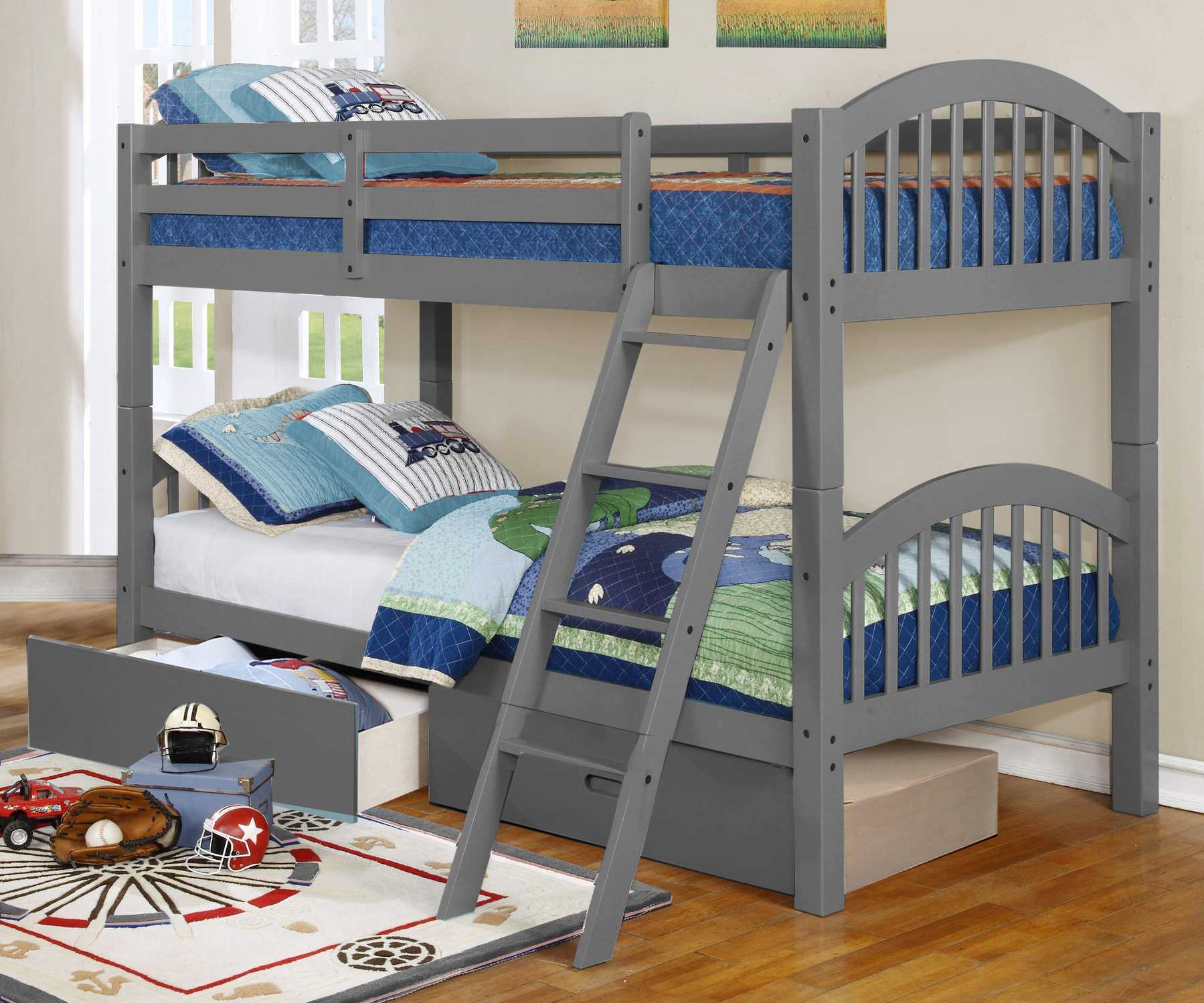 Traditional Grey Finish Twin over Twin  Arched Wood Bunk Bed with 2 Drawers