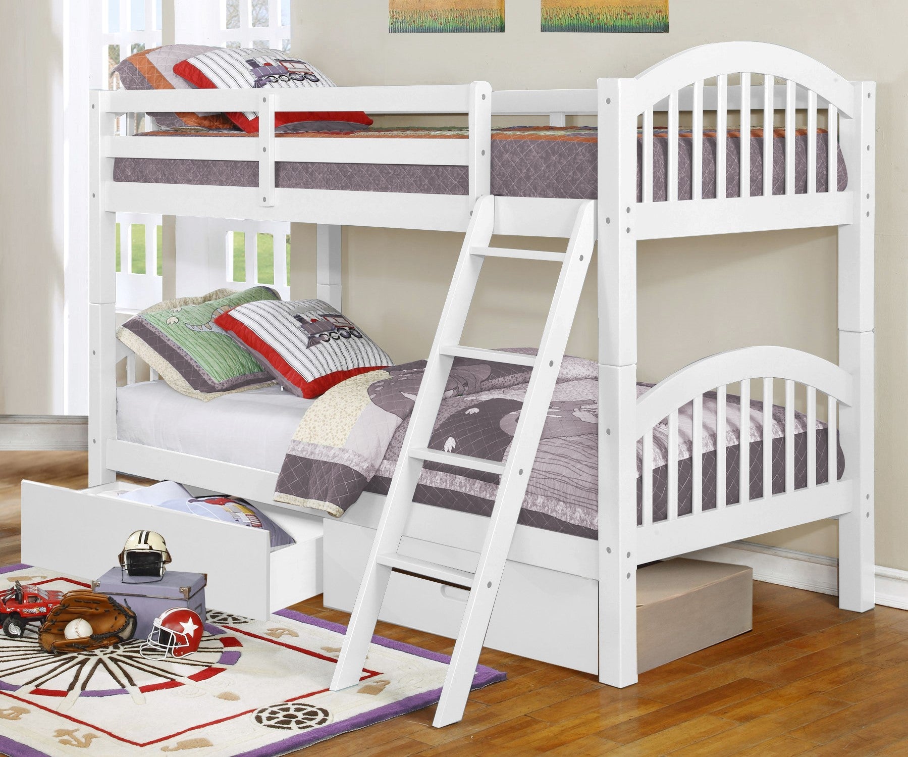 Traditional White Finish Twin over Twin  Arched Wood Bunk Bed with 2 Drawers