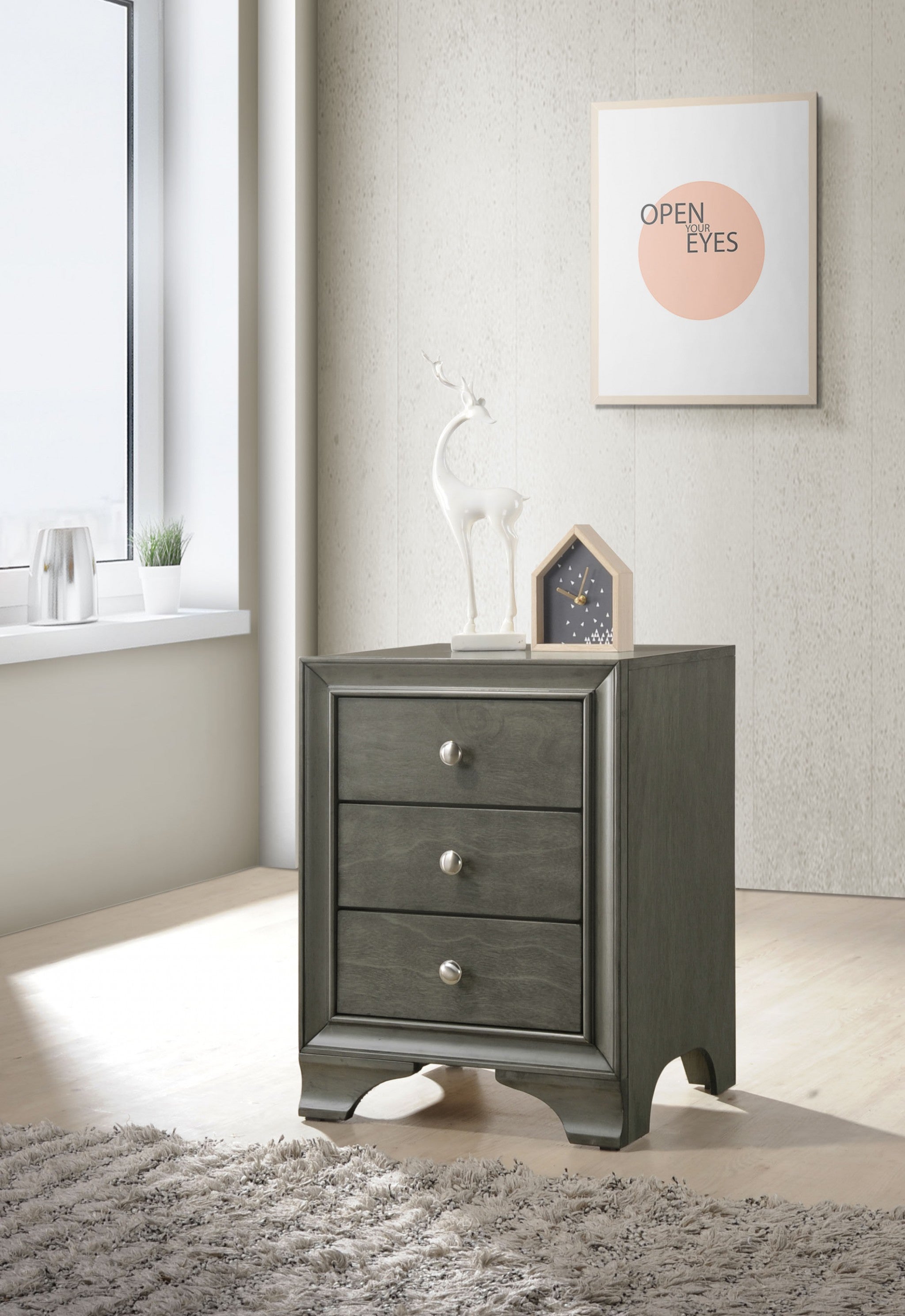 Gray Oak Wood Finish 3 Drawer Night Stand