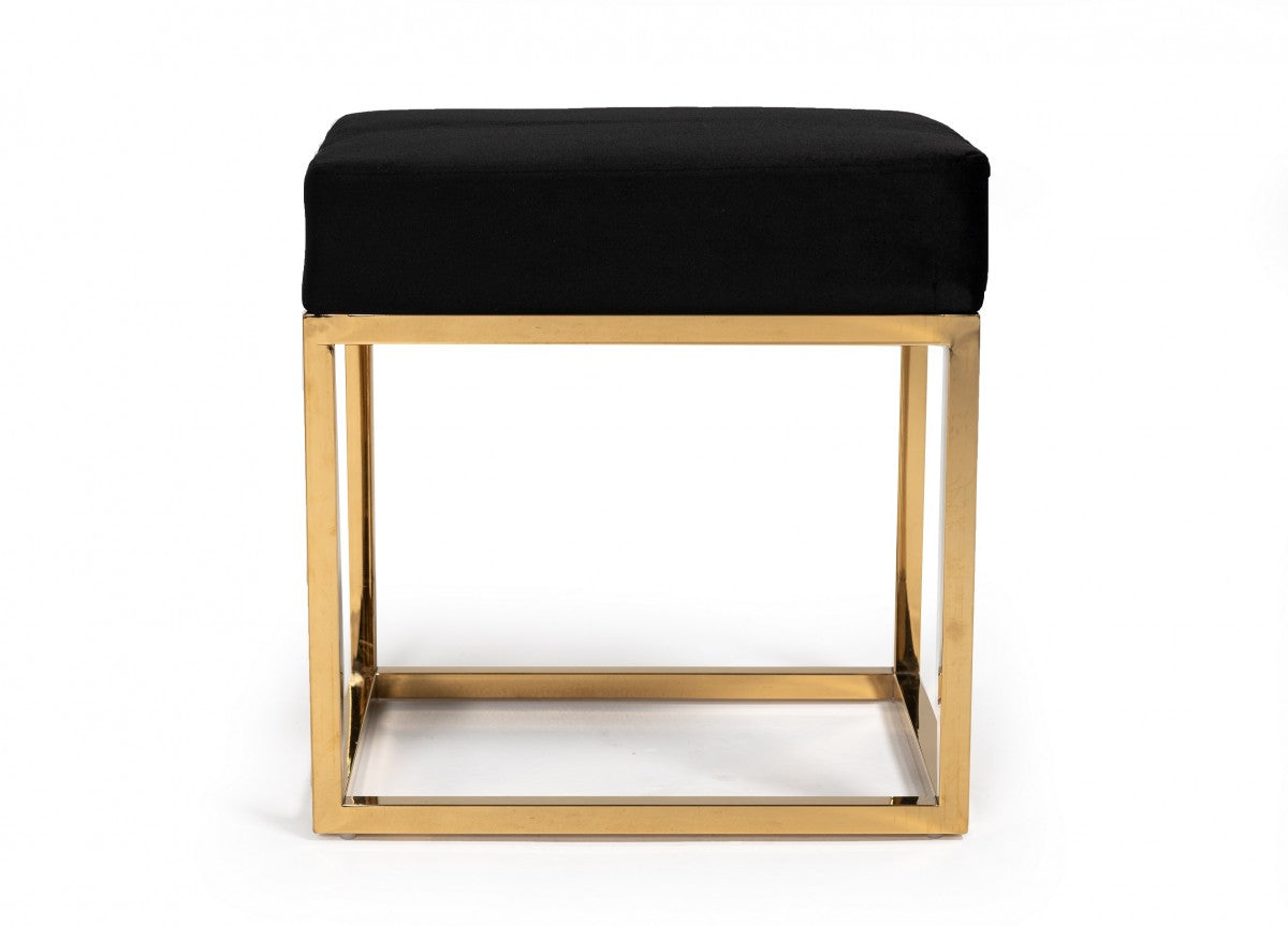 Square Modern Black Velvet Ottoman with Gold Stainless Steel