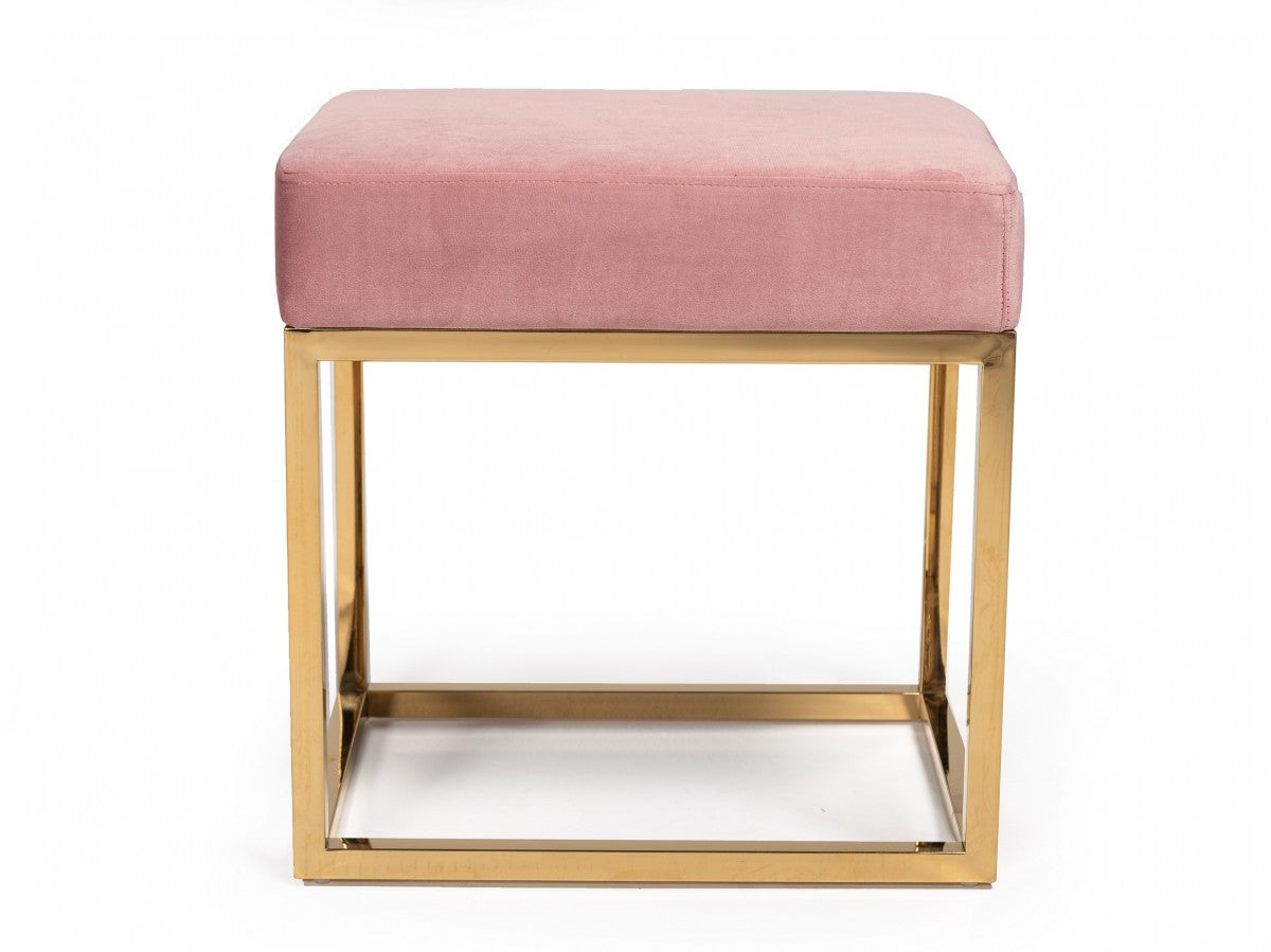 Square Modern Pink Velvet Ottoman with Gold Stainless Steel