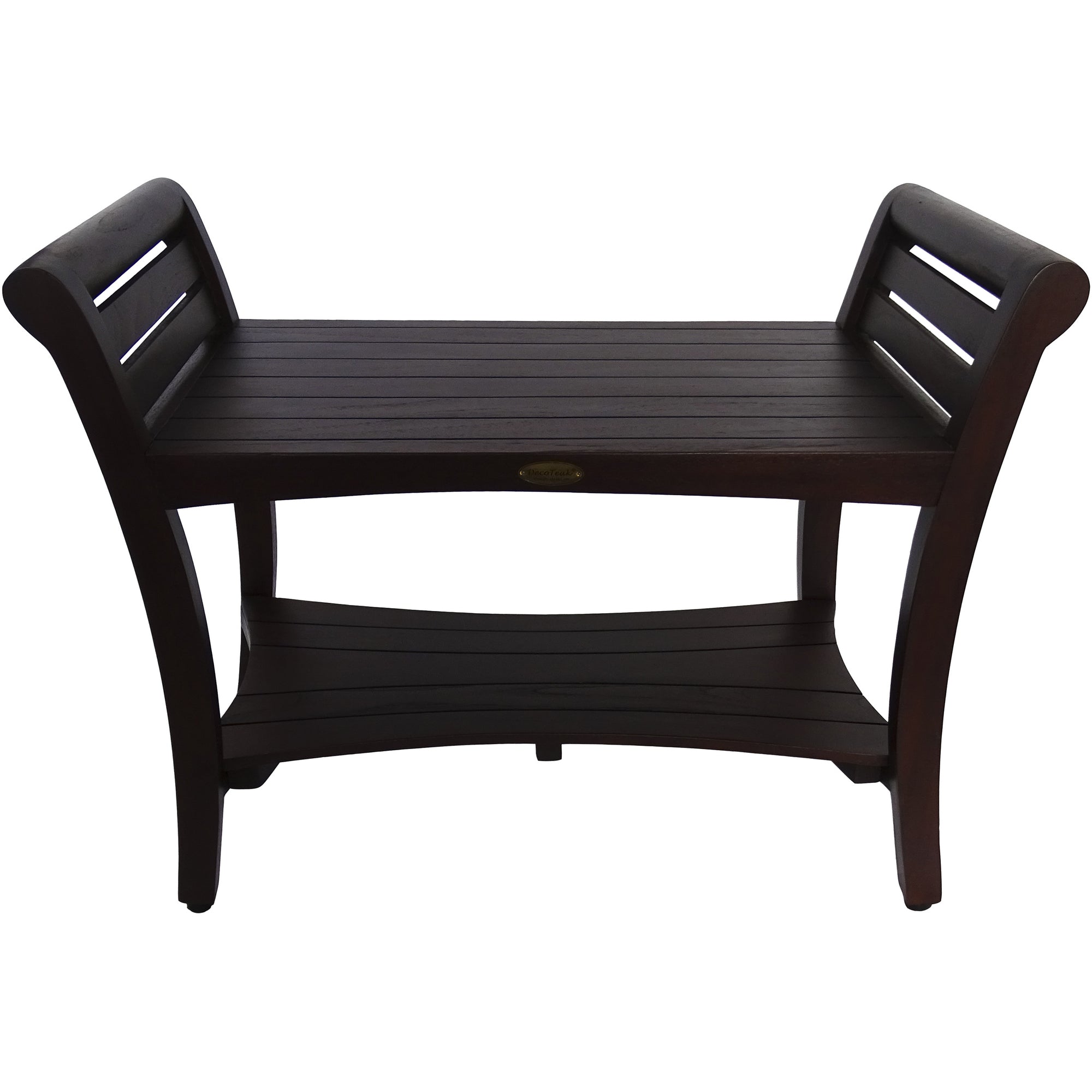 Rectangular Teak Shower Bench with Shelf and Handles in Dark Brown Finish