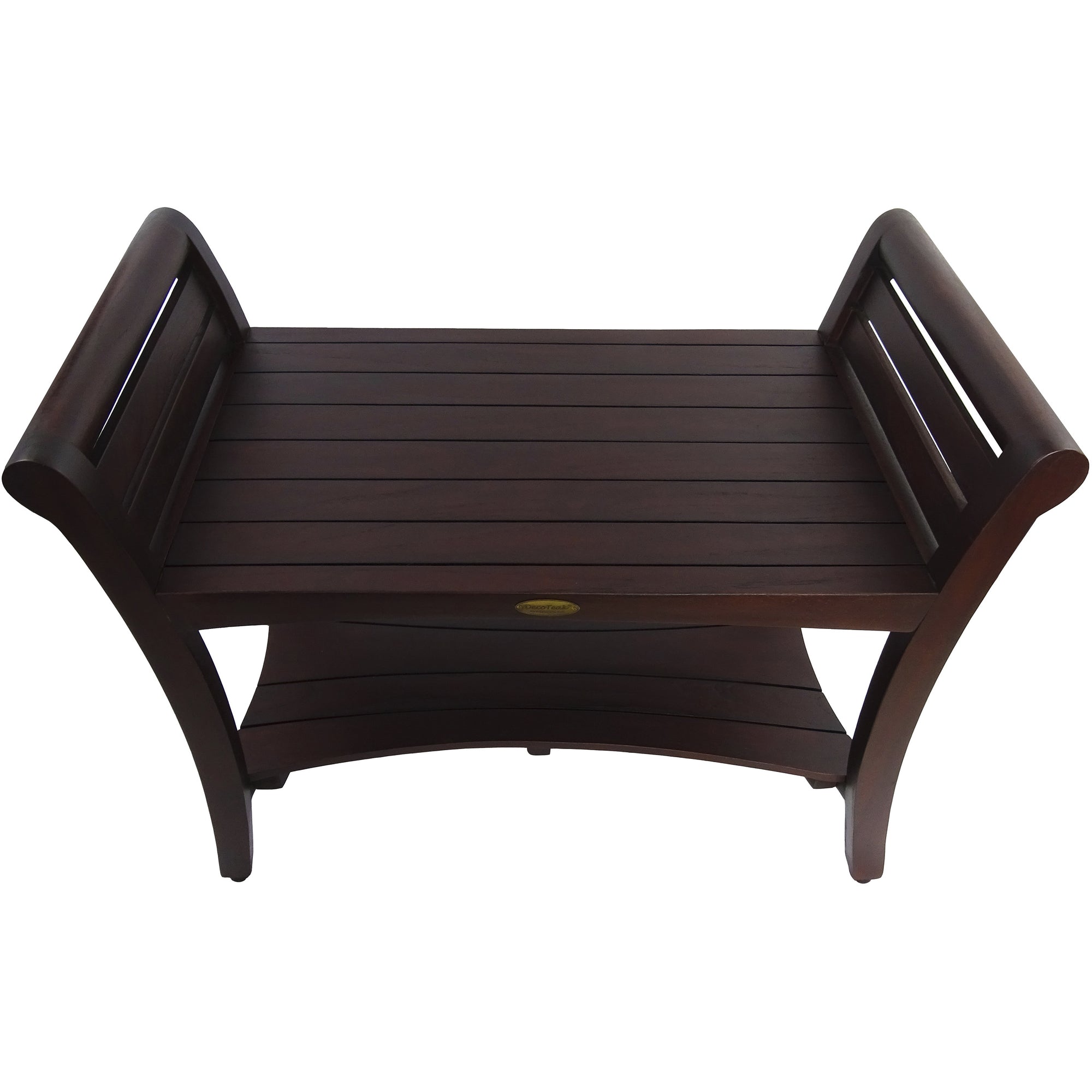 Rectangular Teak Shower Bench with Shelf and Handles in Dark Brown Finish