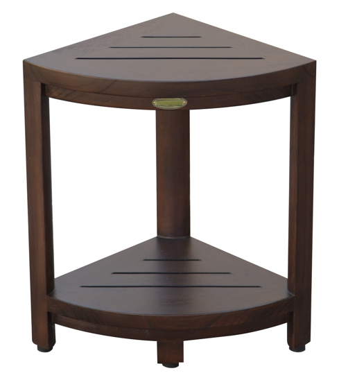 Compact Triangular Teak Shower Outdoor Bench with Shelf in Brown Finish