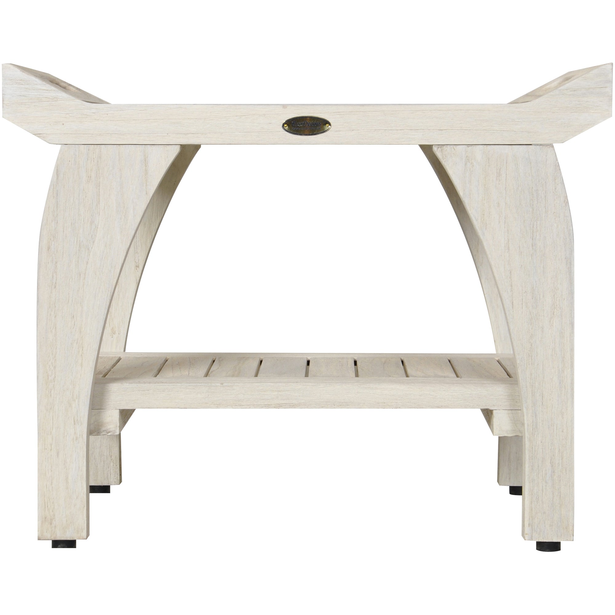 Compact Teak Shower Stool with Shelf and Handles in White Finish