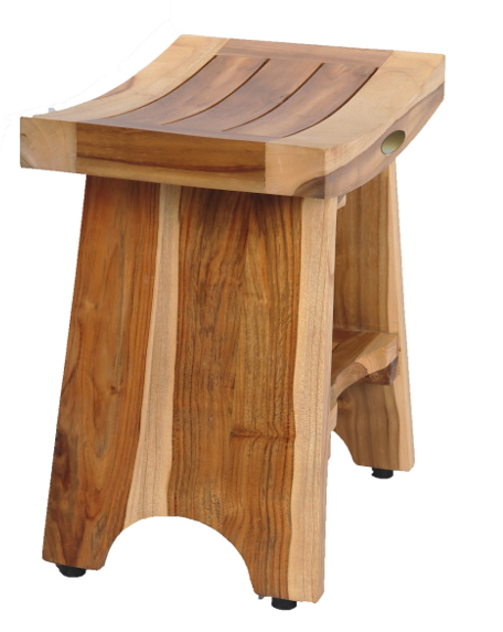 Compact Curvilinear Teak Shower Outdoor Bench with Shelf in Natural Finish