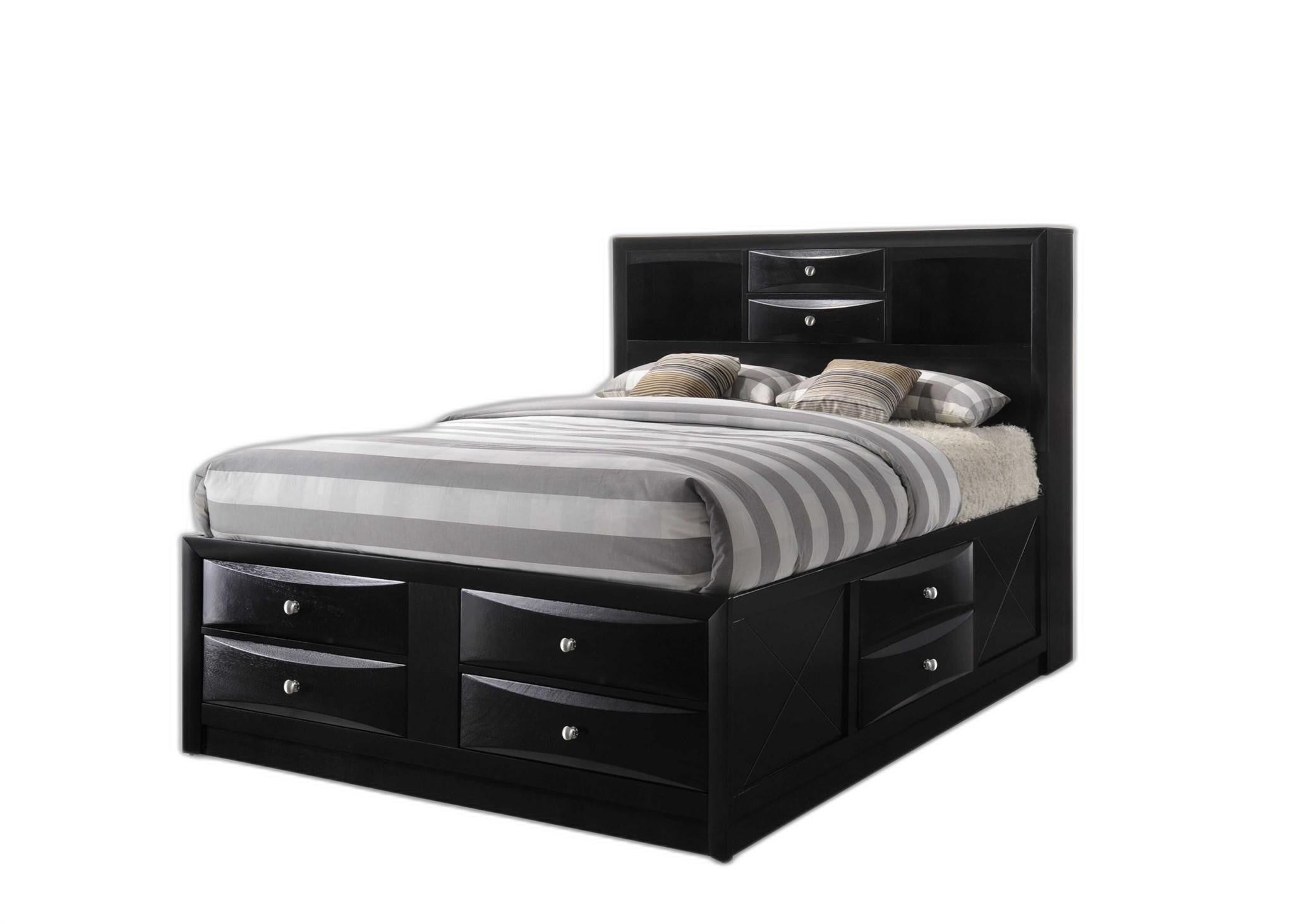 Black Multi-Drawer Queen Bed with Bookcase Headboard