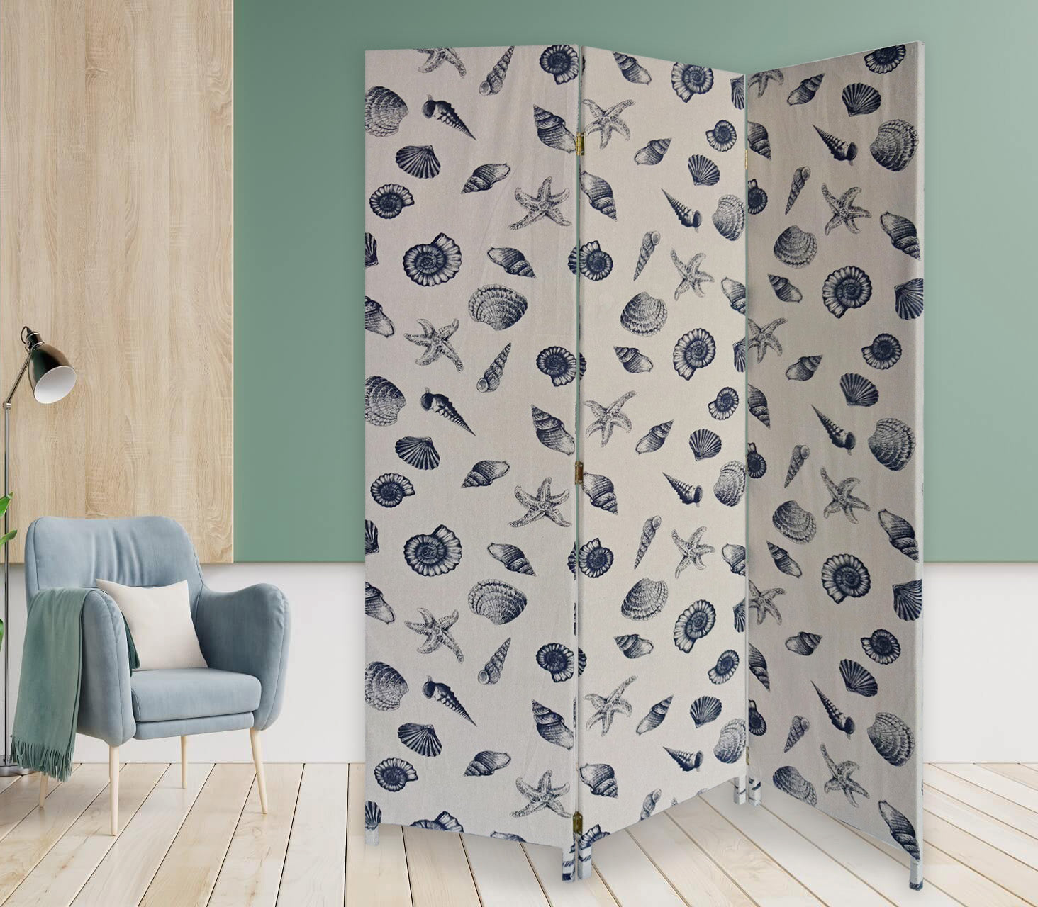 3 Panel Beige and Blue Soft Fabric Finish Room Divider