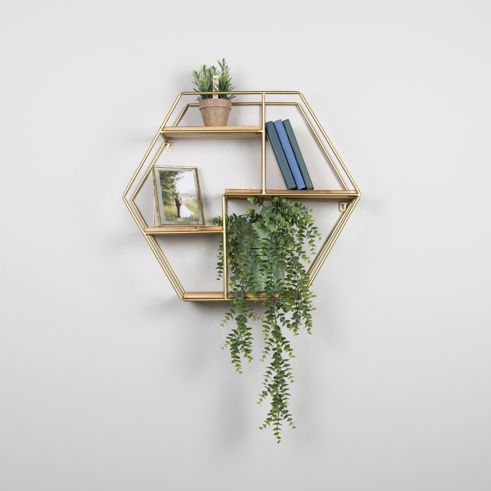 Golden Hexagonal Four Story Wall Shelf