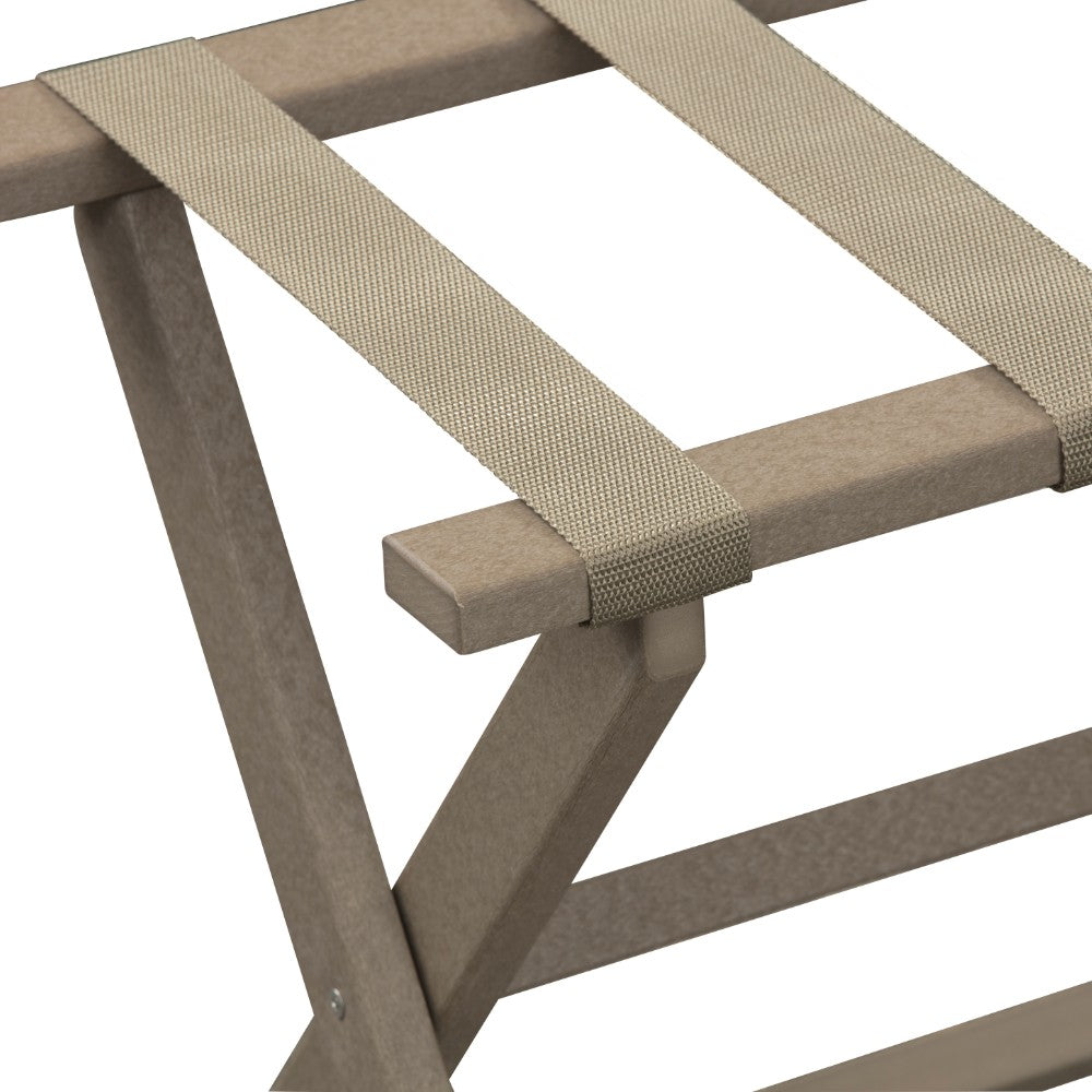 Earth Friendly Taupe Folding Luggage Rack with Dark Tan Straps